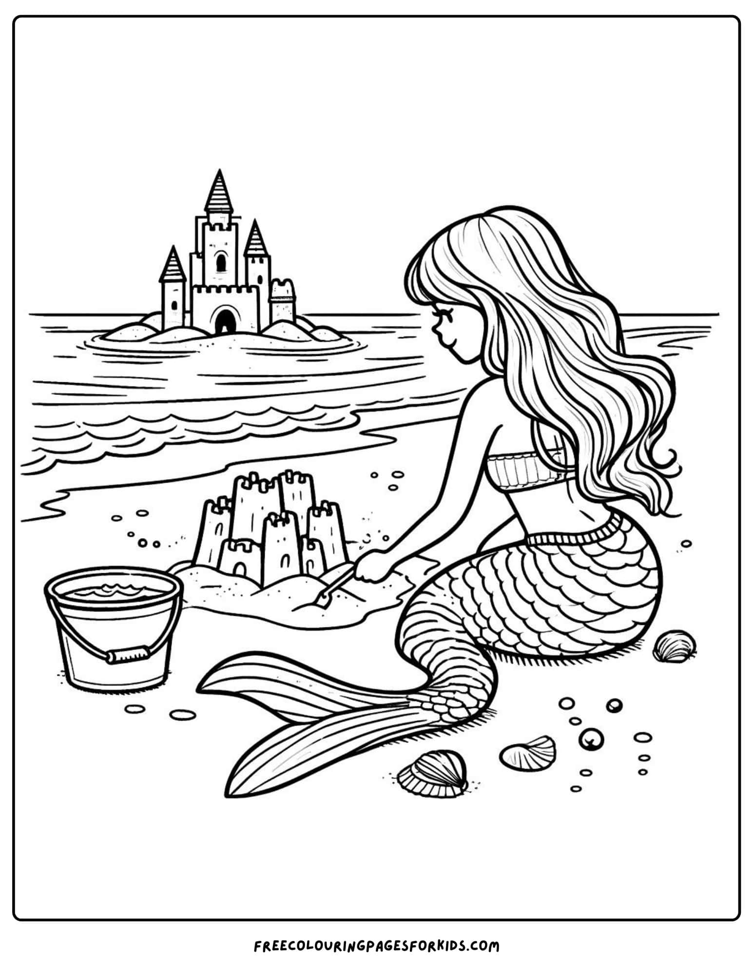 mermaid building a sandcastle coloring page