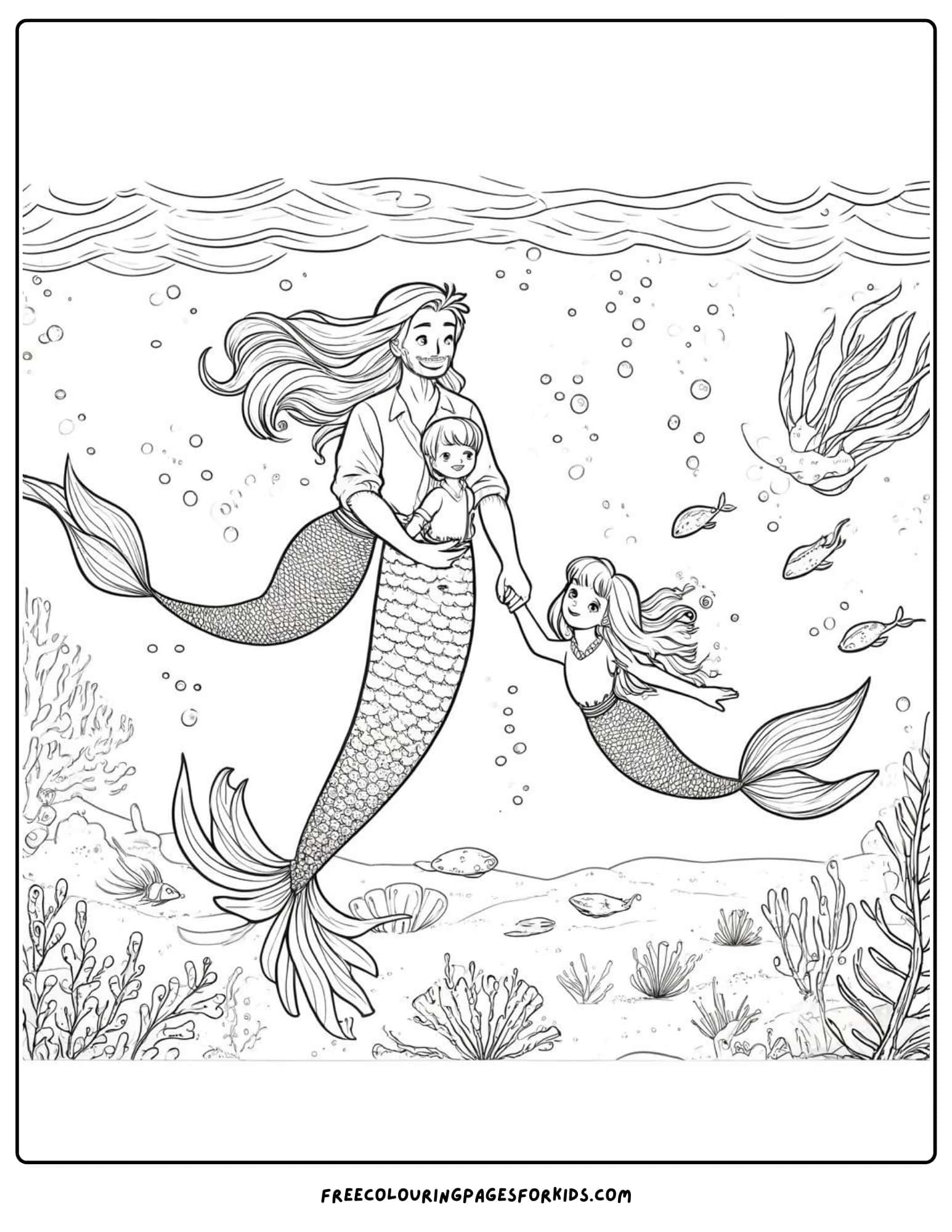 mermaid family coloring page