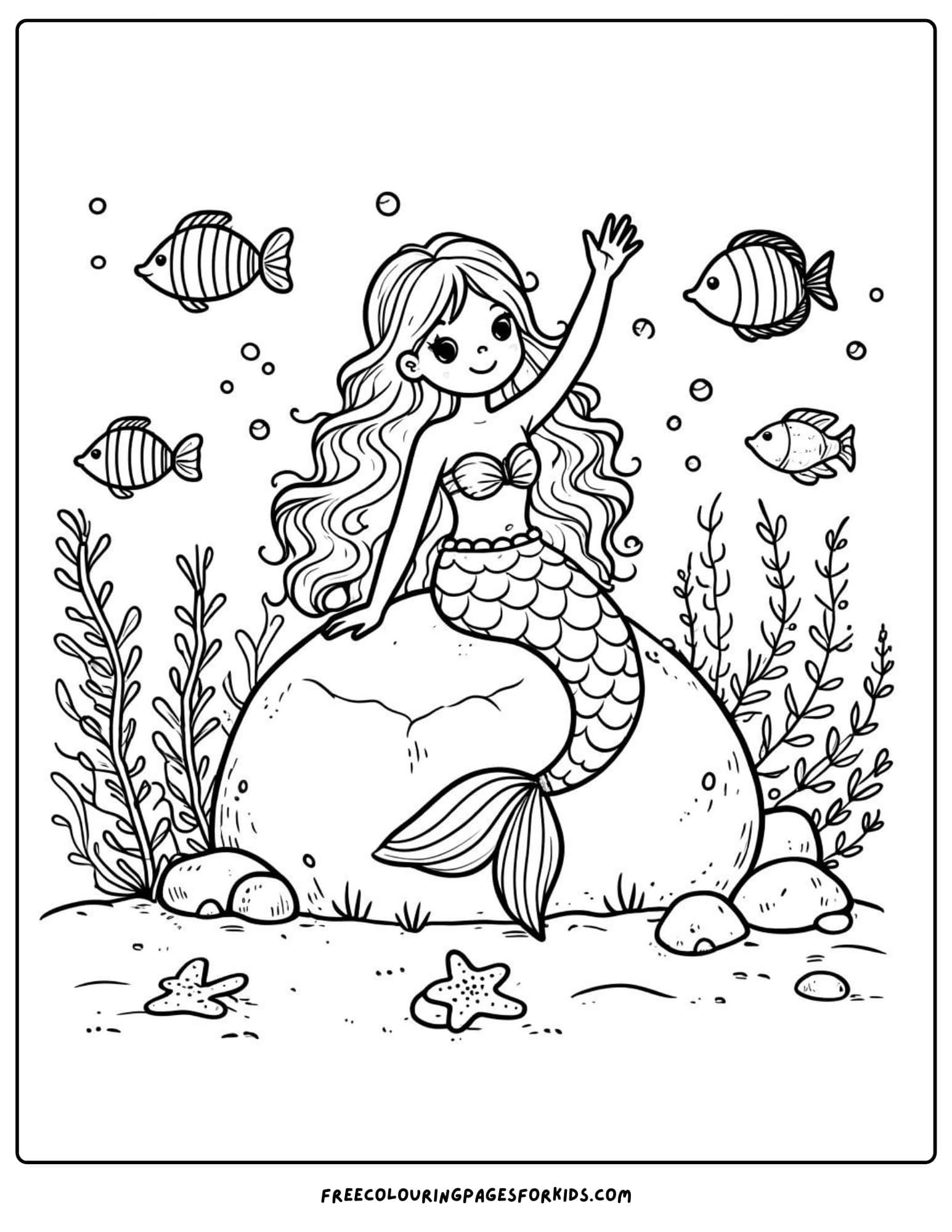 mermaid sitting on a rock coloring page