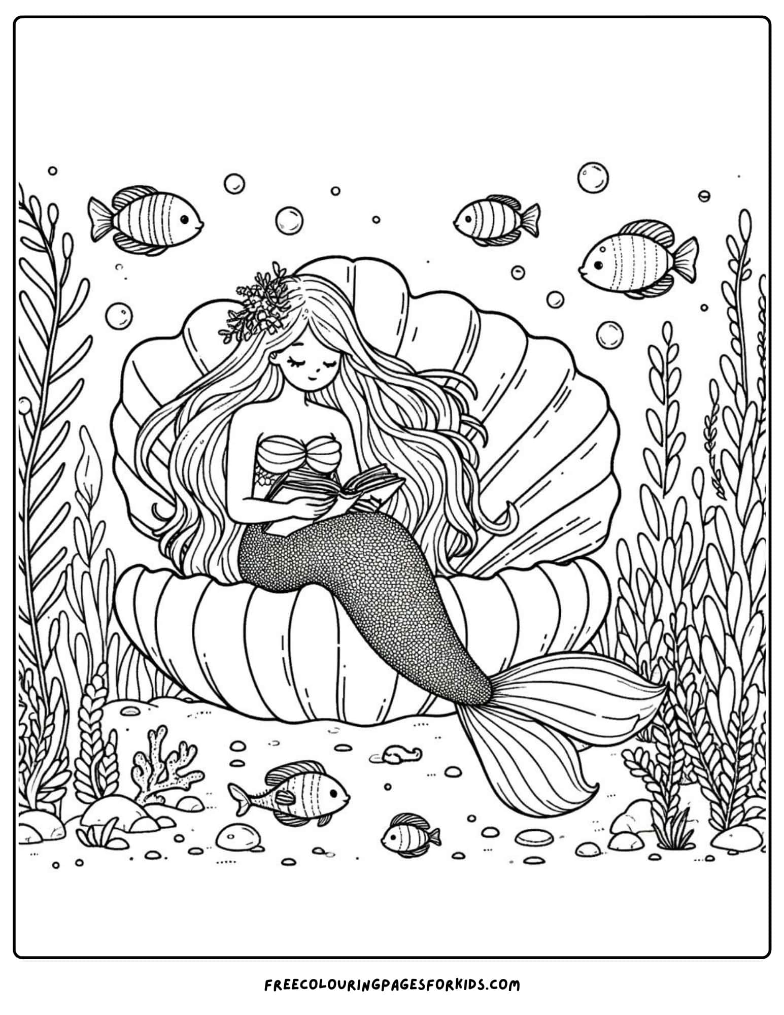 mermaid reading a book coloring page