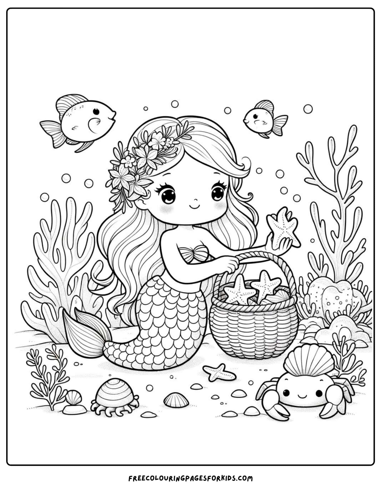 mermaid starfish and shells collecting coloring page