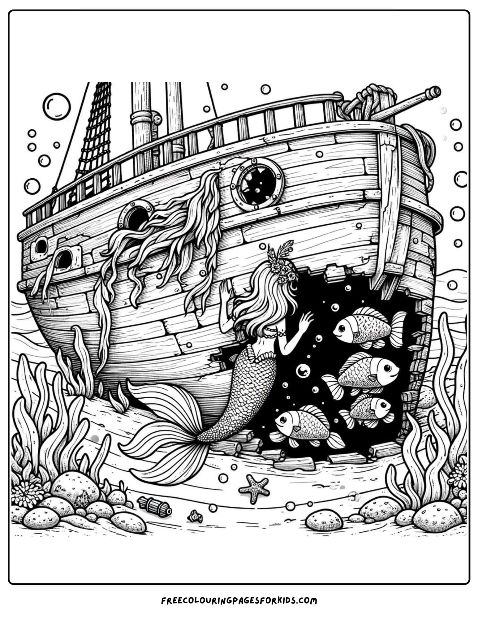 mermaid sunken ship coloring page