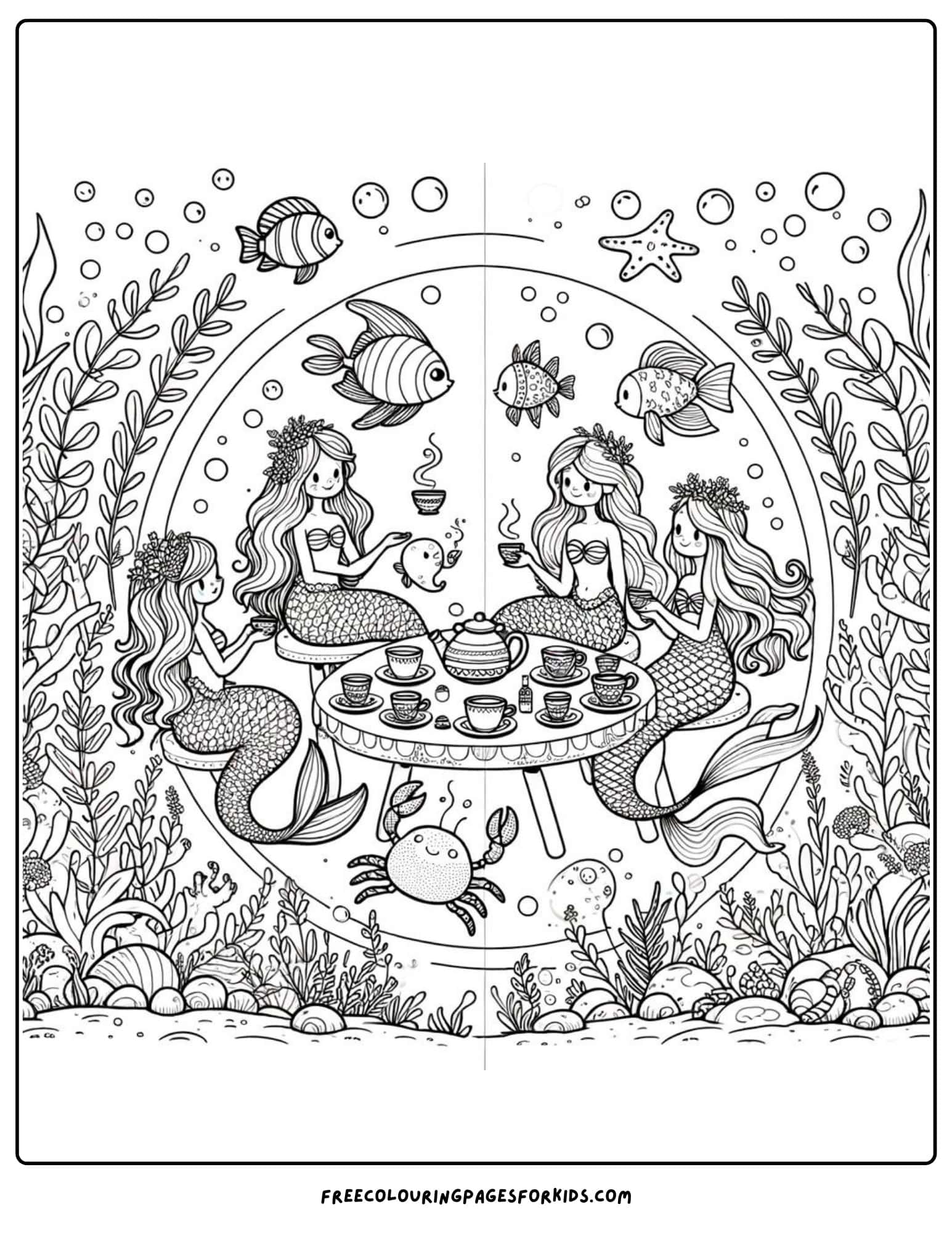 mermaid tea party coloring page