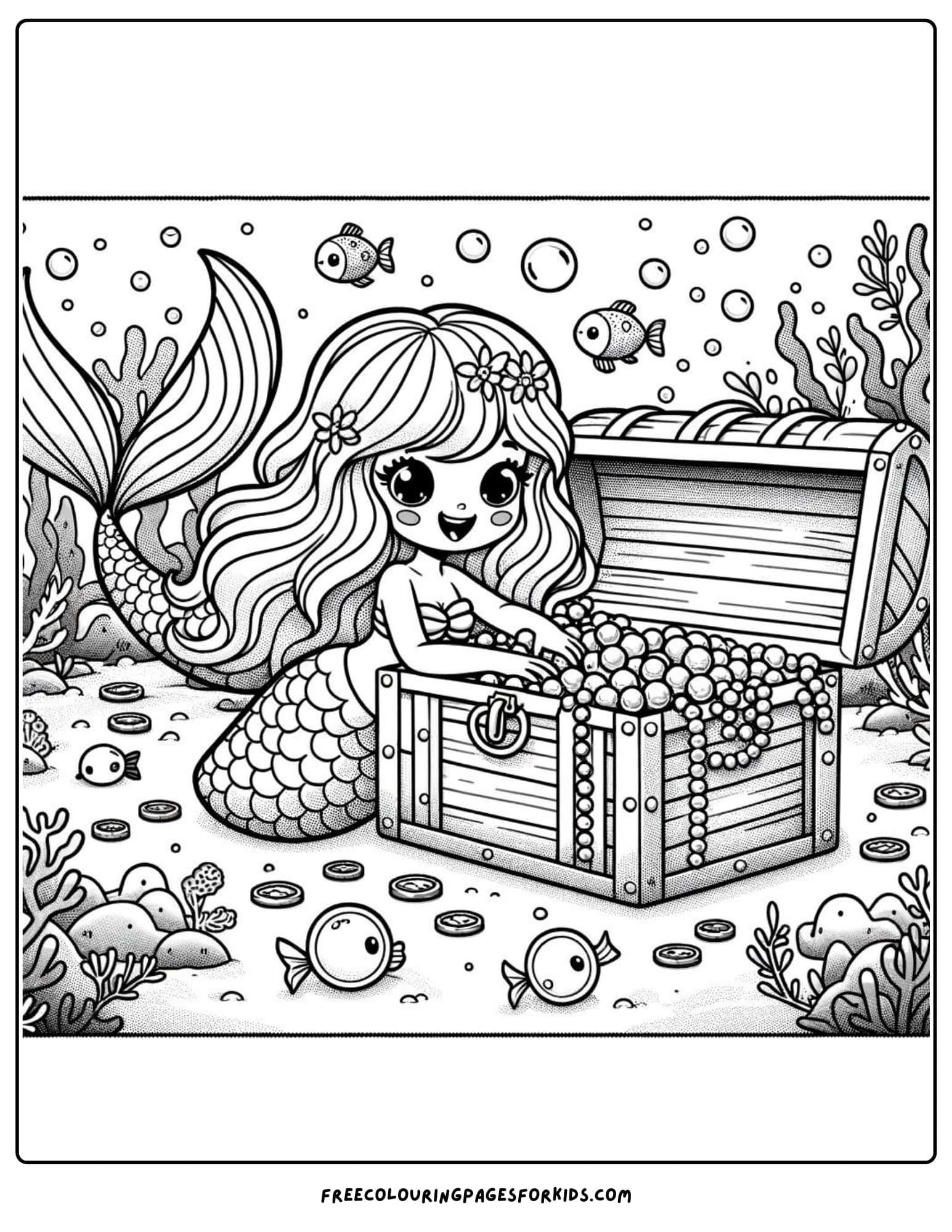 mermaid treasure chest coloring page