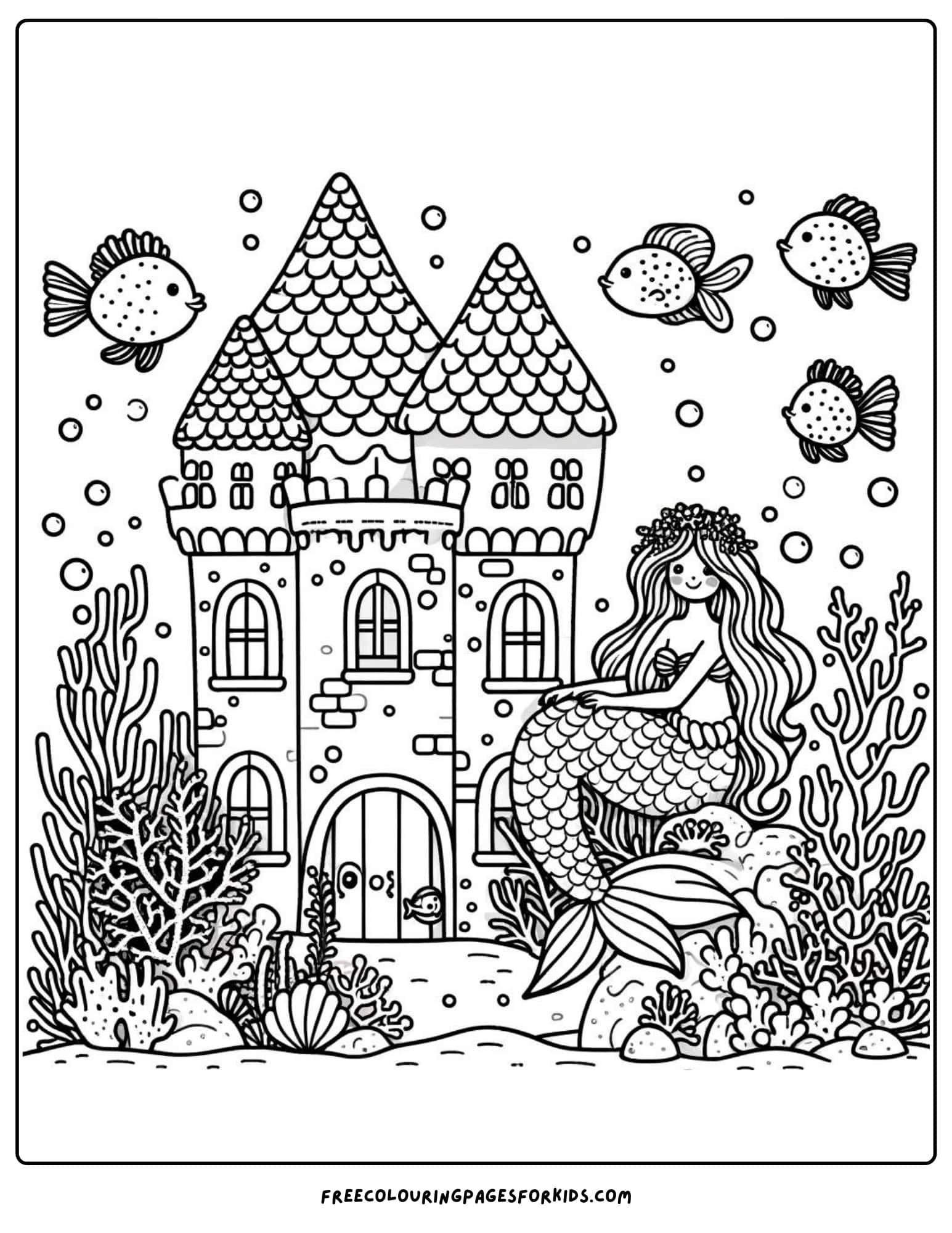 mermaid underwater castle coloring page