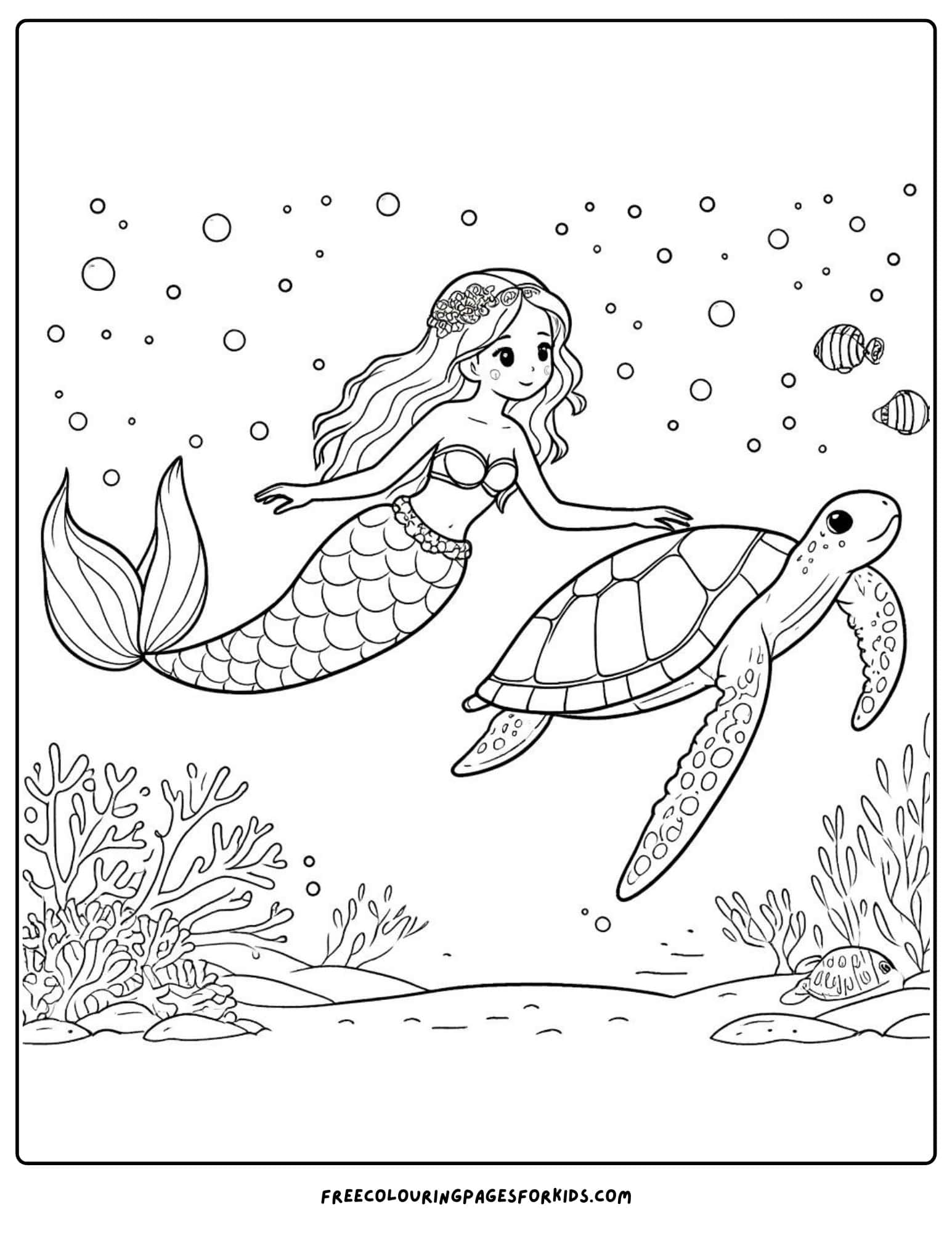 mermaid with a sea turtle coloring page