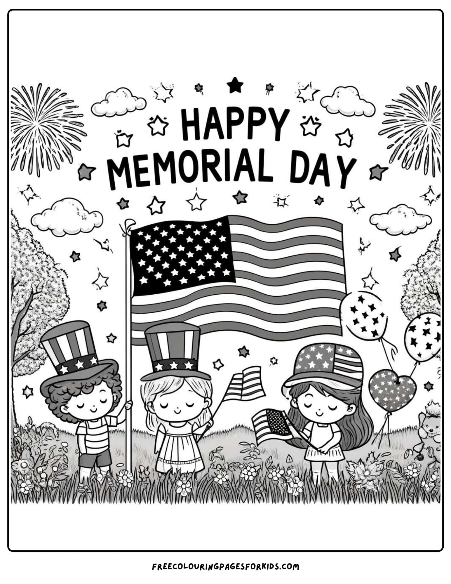 patriotic kids waving flags coloring page