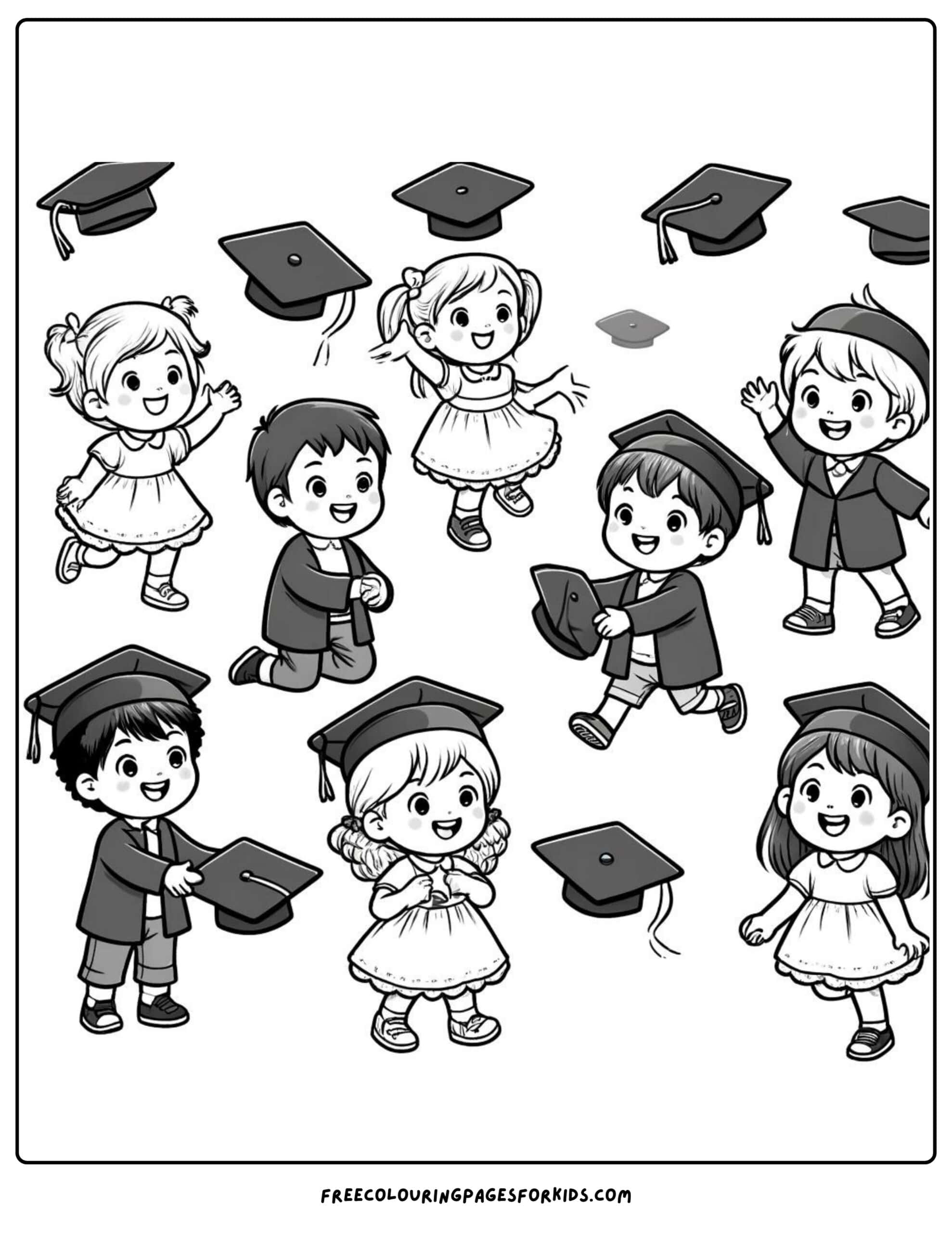 preschool kids playing with gradiation day caps coloring page