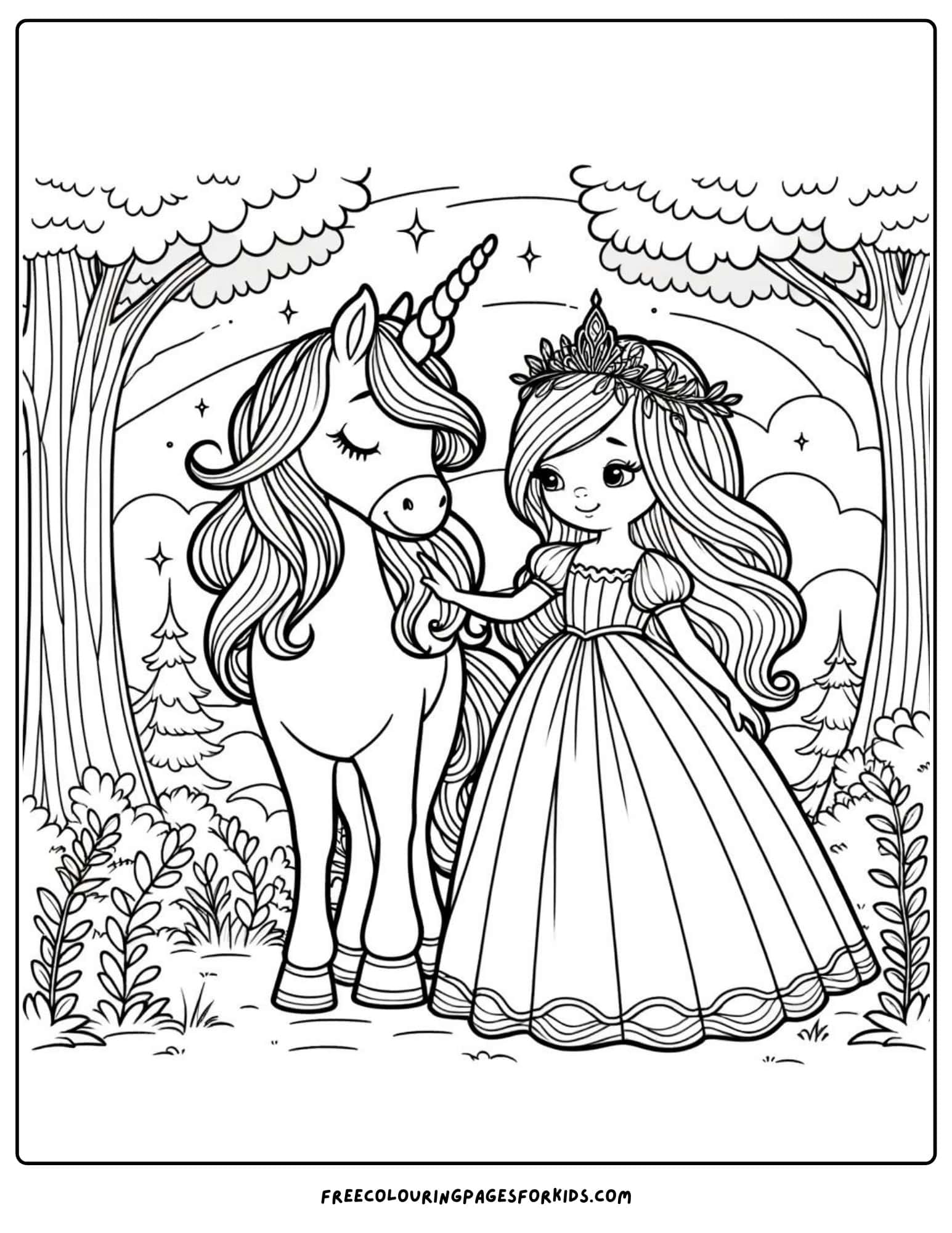 princess and the unicorn coloring page