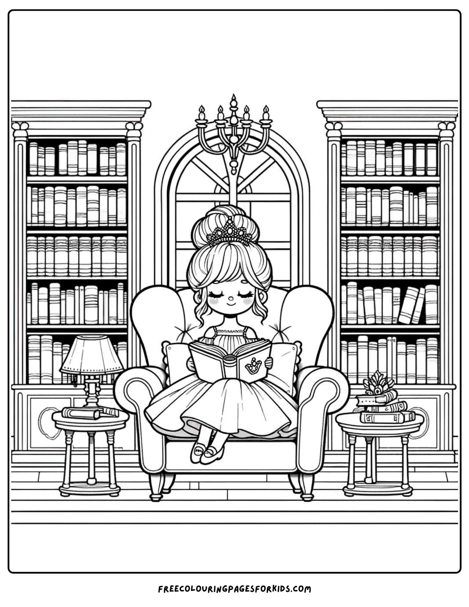 princess in the library coloring page