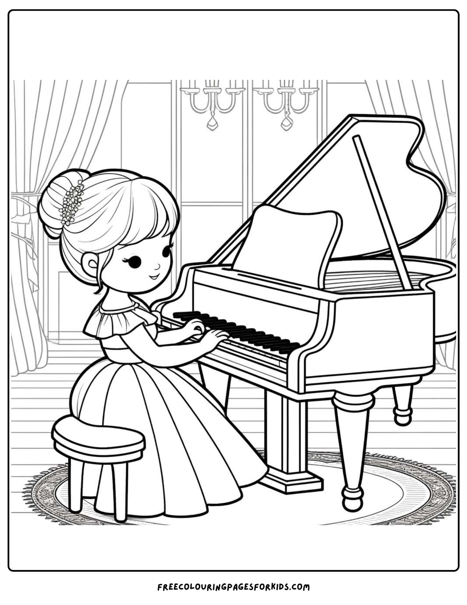 princess playing the piano coloring page