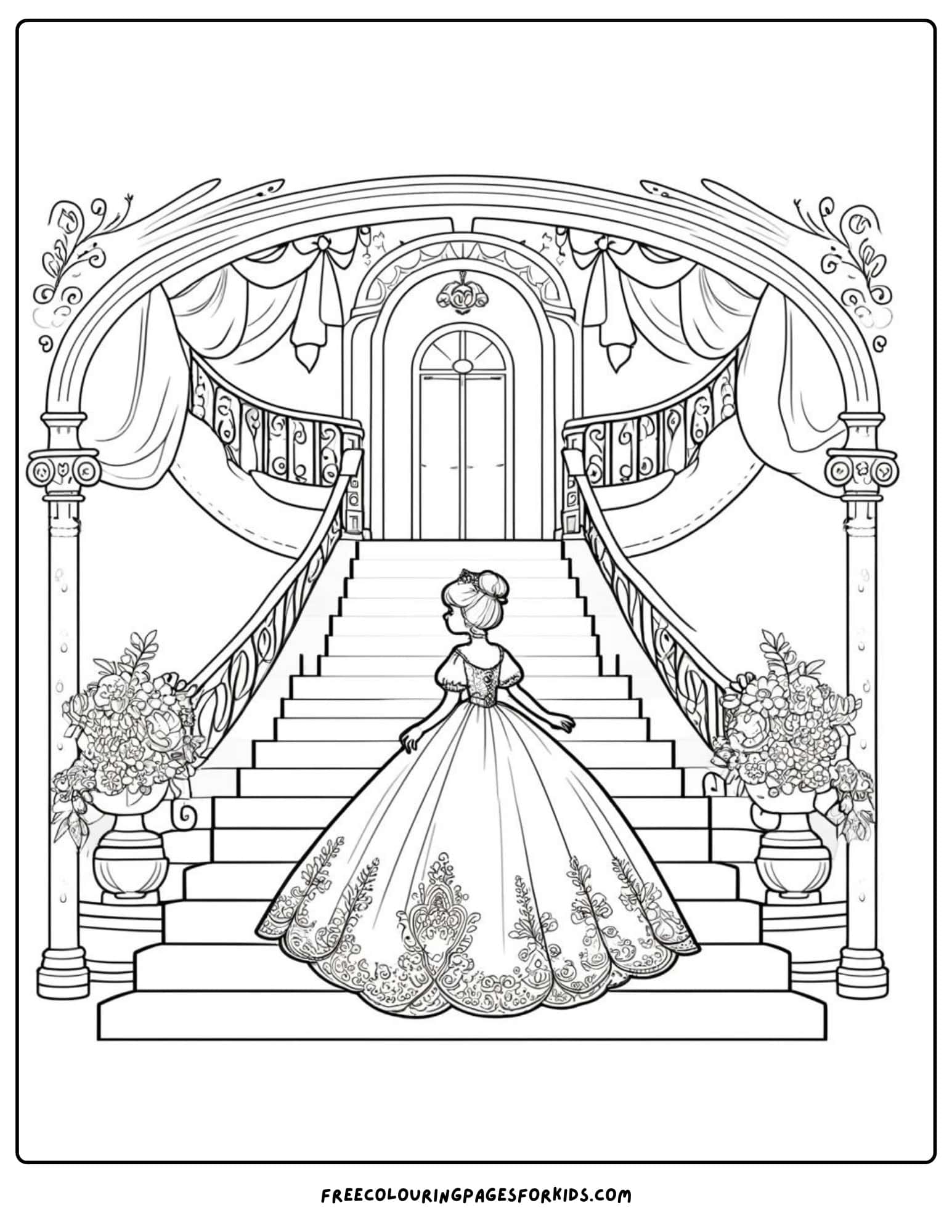 princess walking and the grand staircase coloring page