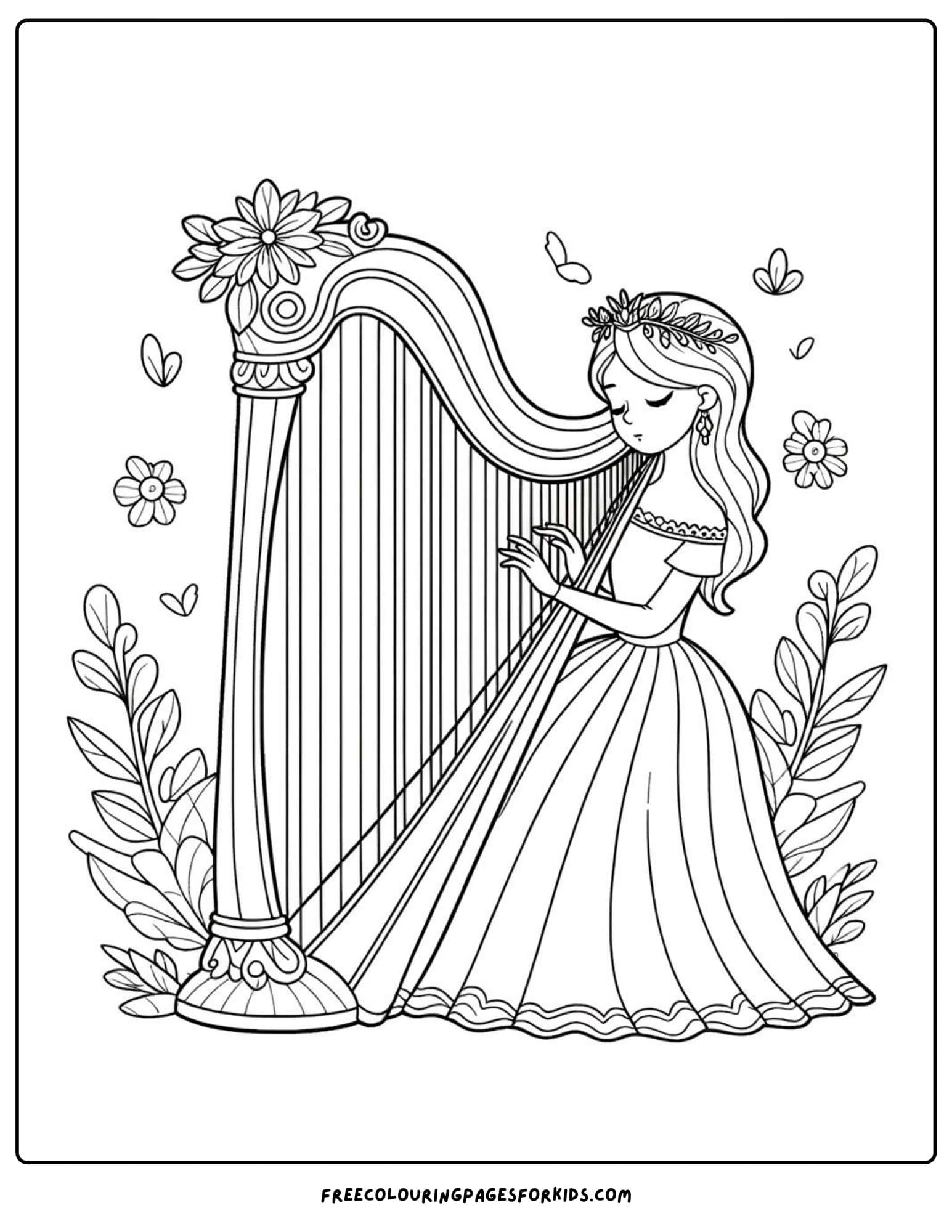 princess with a harp coloring page