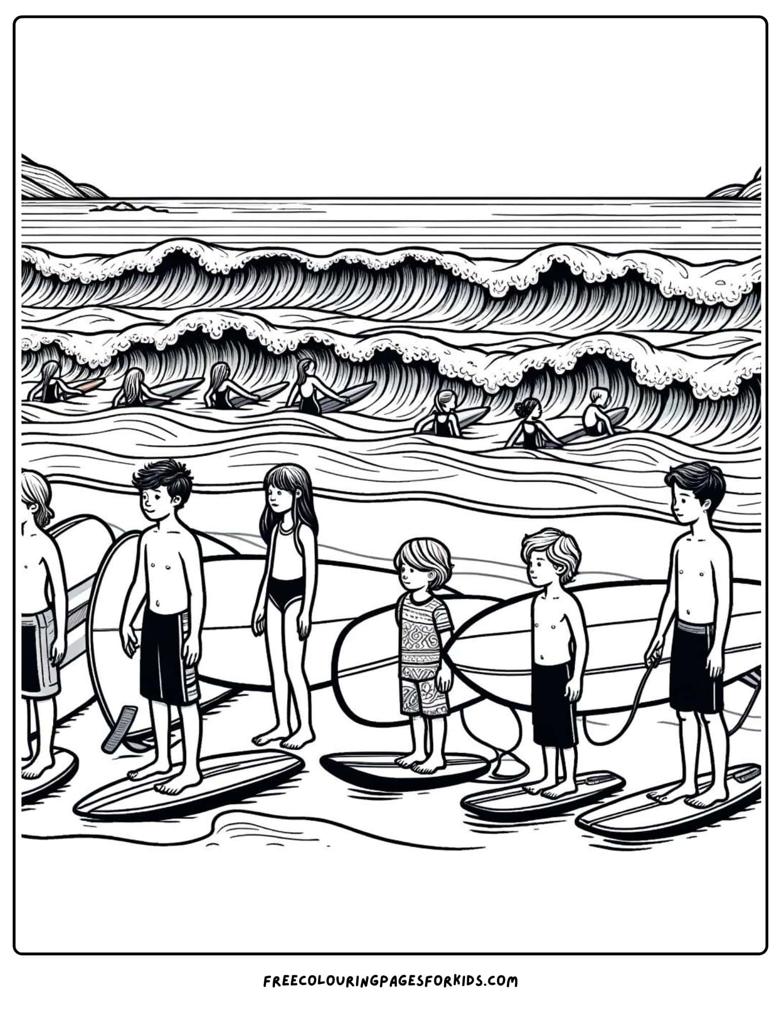 summer surfing lessons coloring page