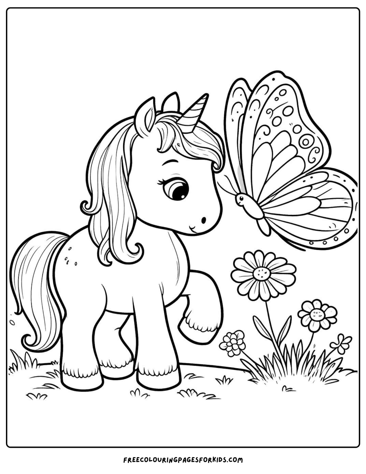 unicorn and a butterfly coloring page