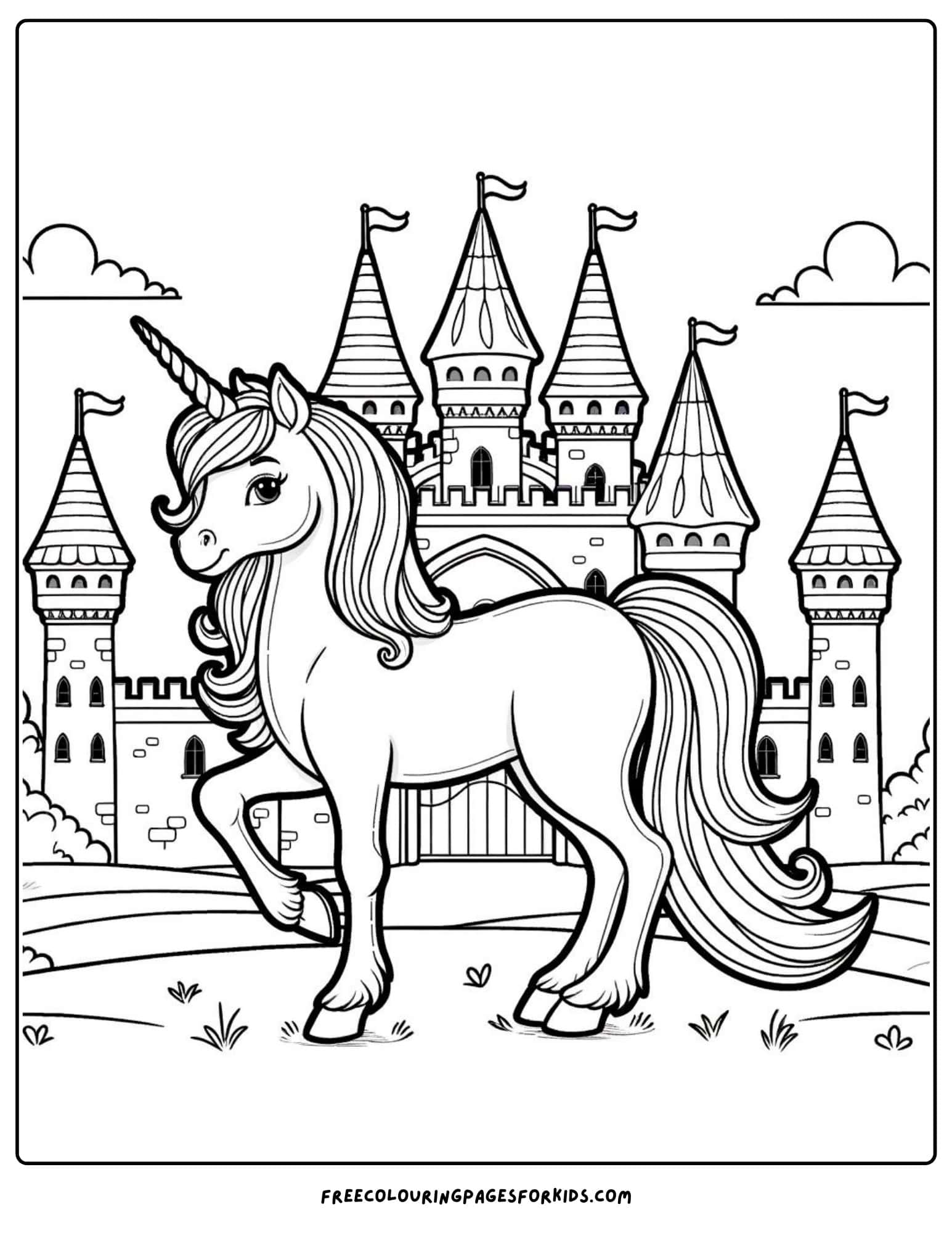 unicorn and a castle coloring page