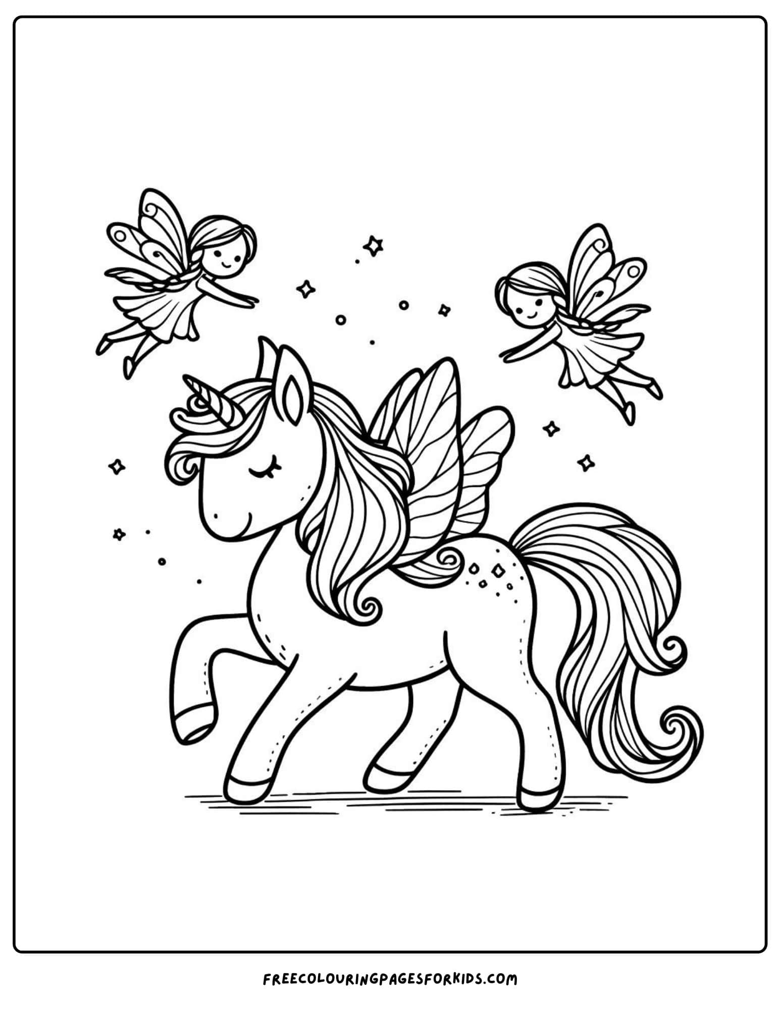 unicorn with fairy friends coloring page