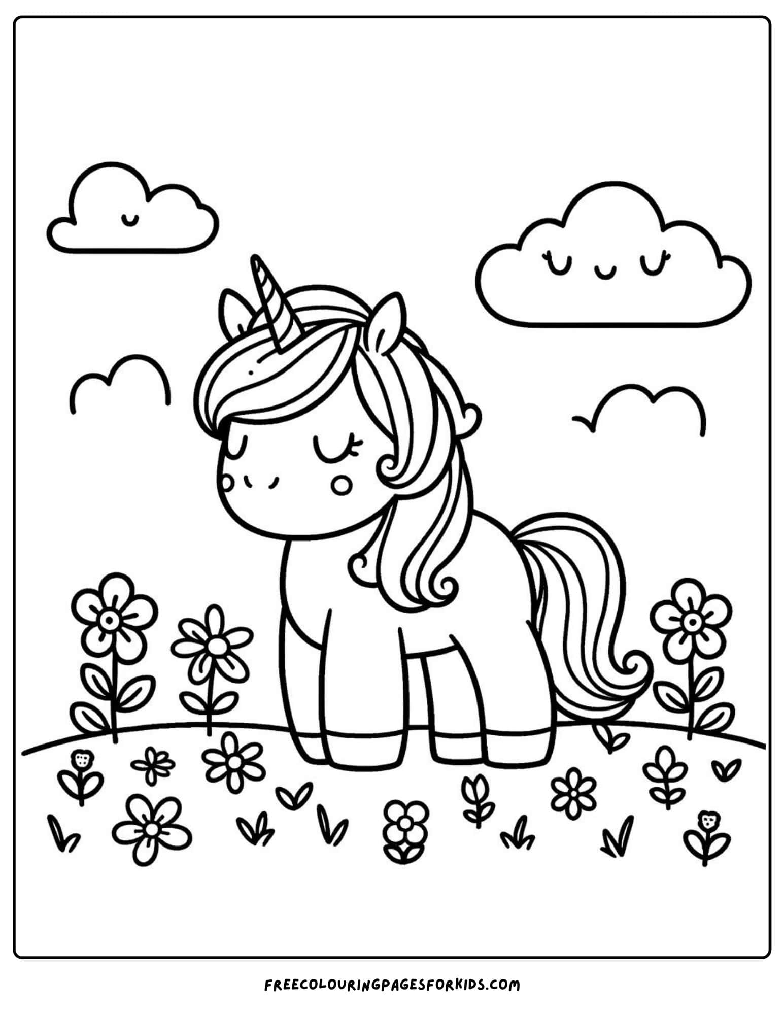 unicorn in a flower field coloring page