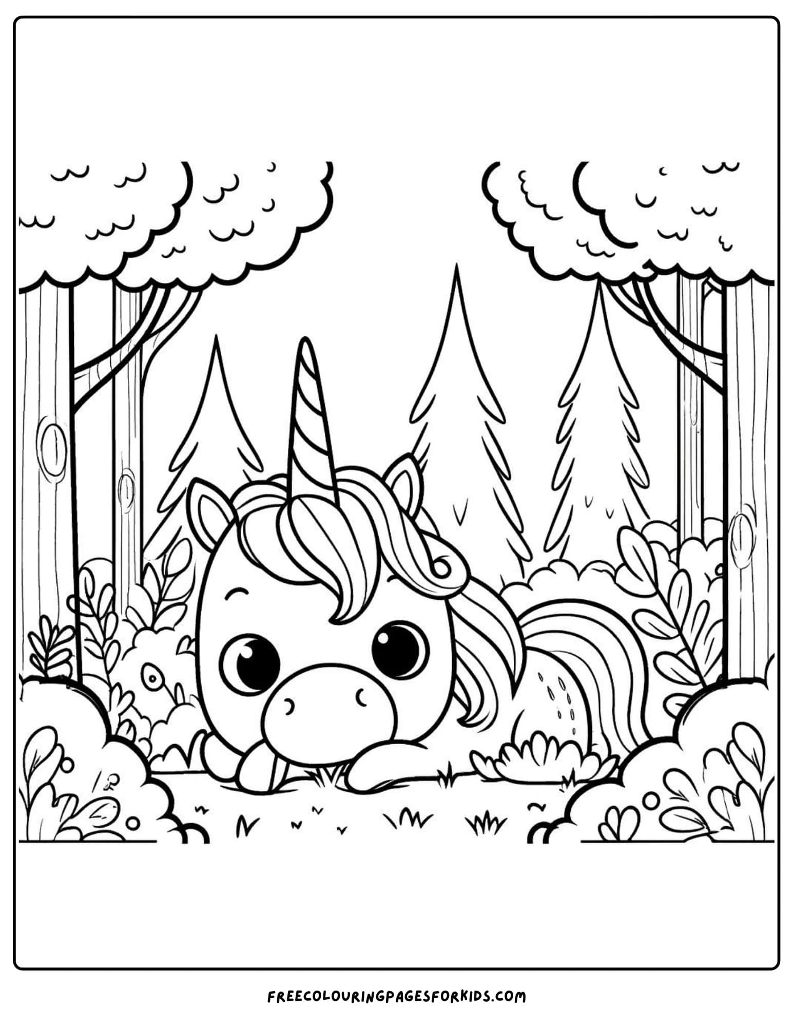 unicorn in a forest coloring page