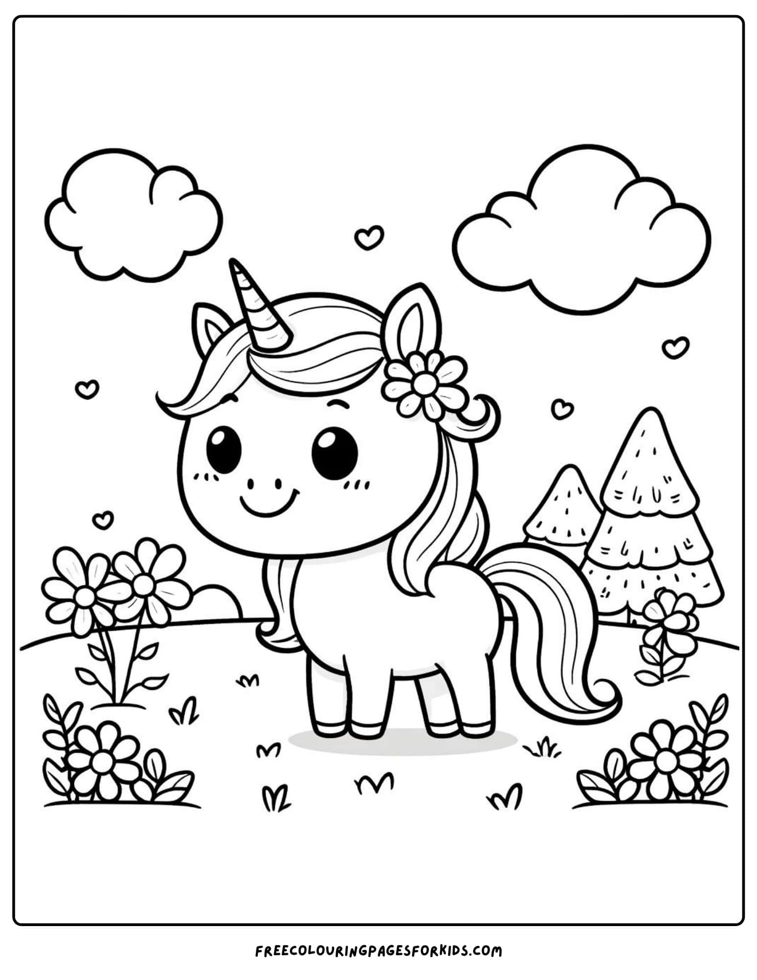 unicorn in a meadow coloring page