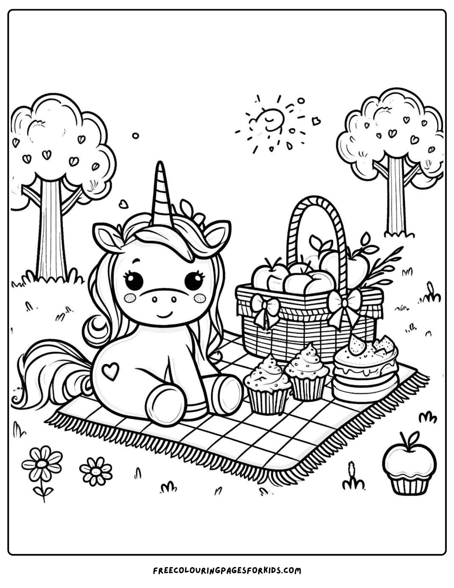 unicorn picnic coloring page