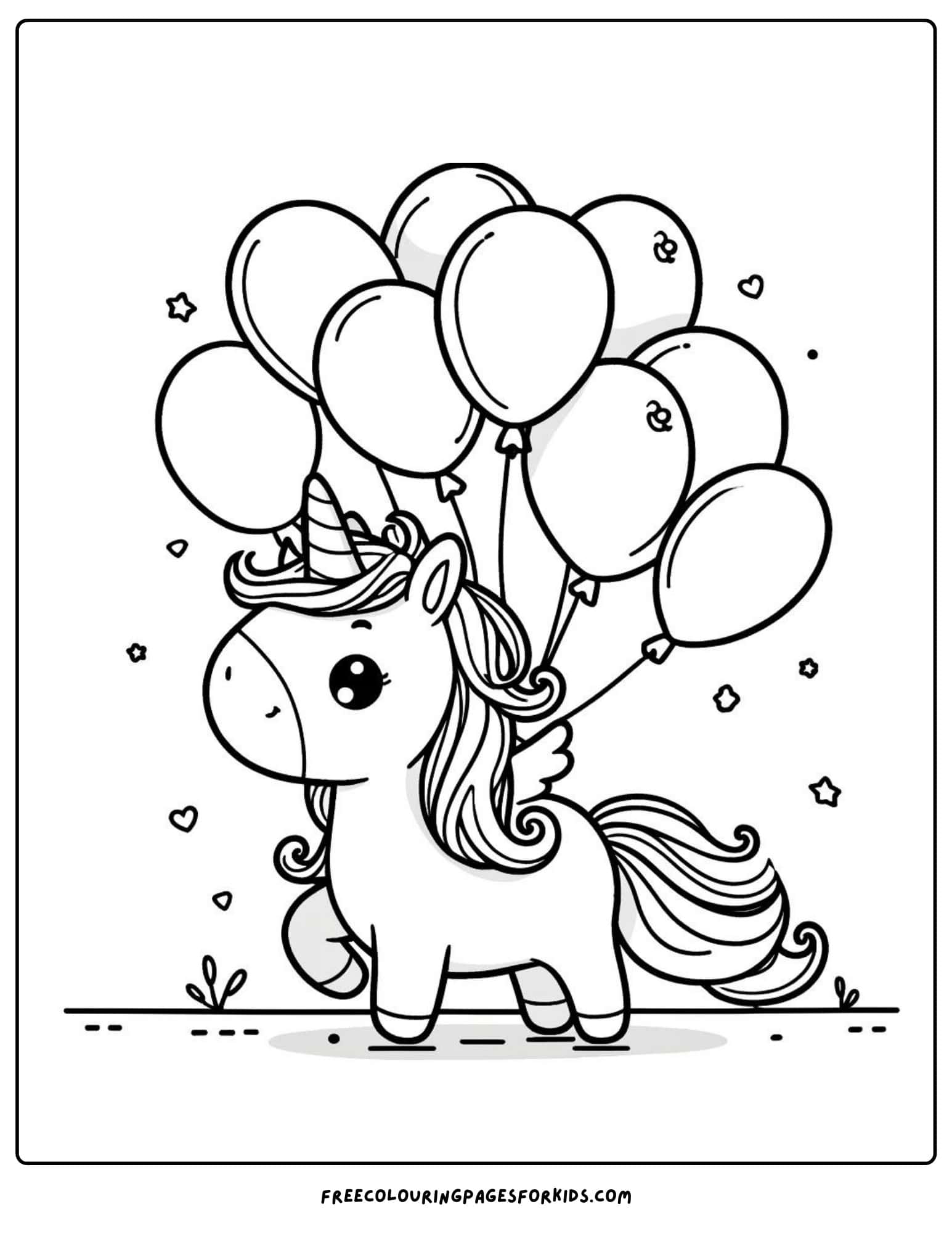 unicorn with balloons coloring page