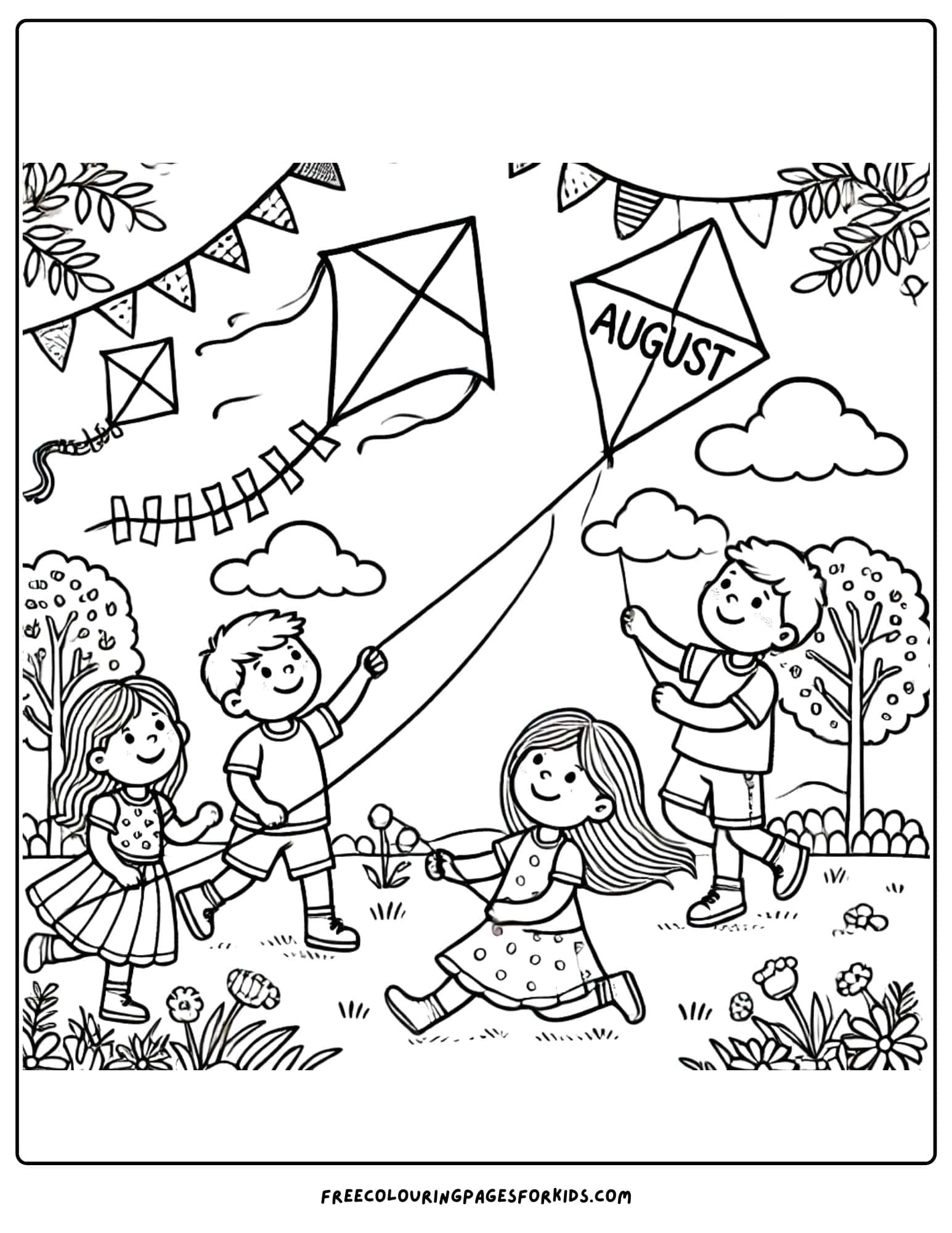 august flying a kite coloring page