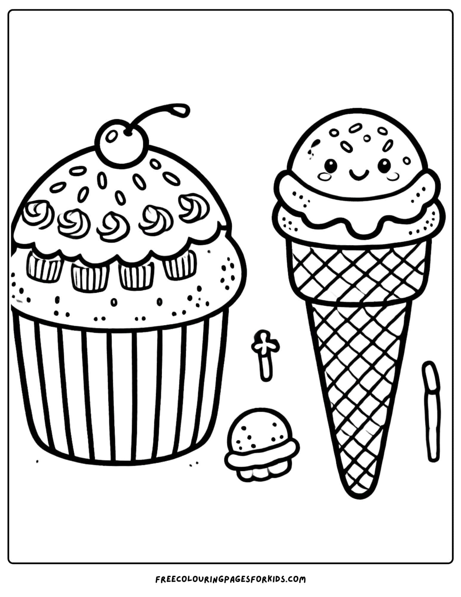 single cupcake and ice cream cone coloring paga