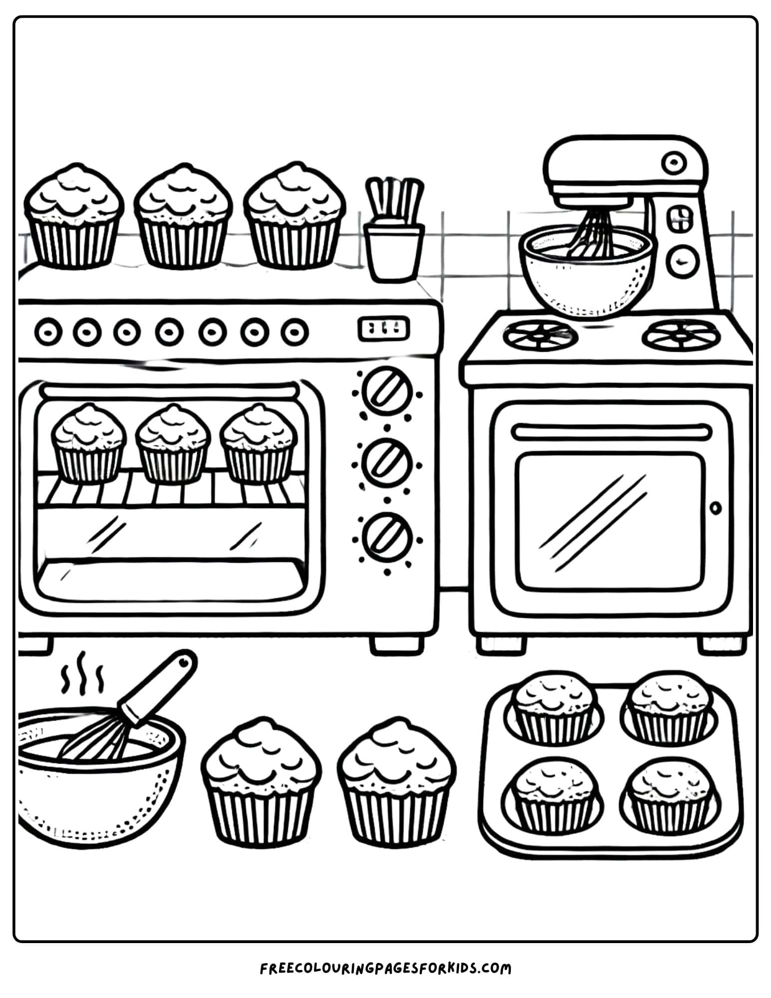 a kitchen scene baking cakes coloring paga