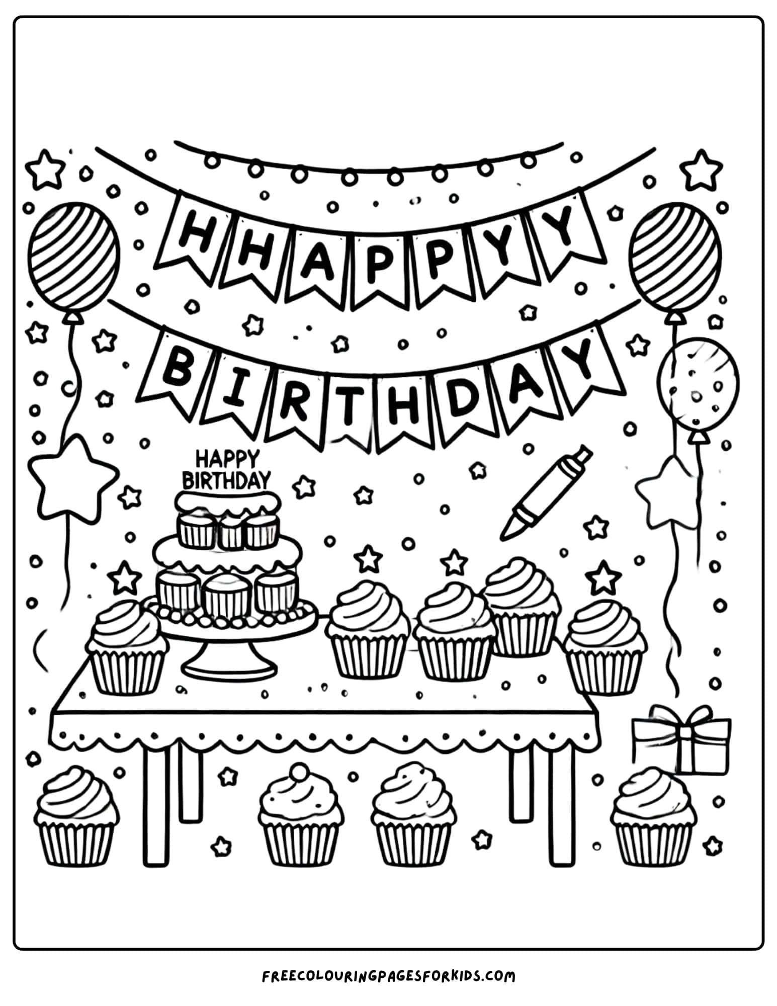 birthdya party scene with bunting and cake coloring paga