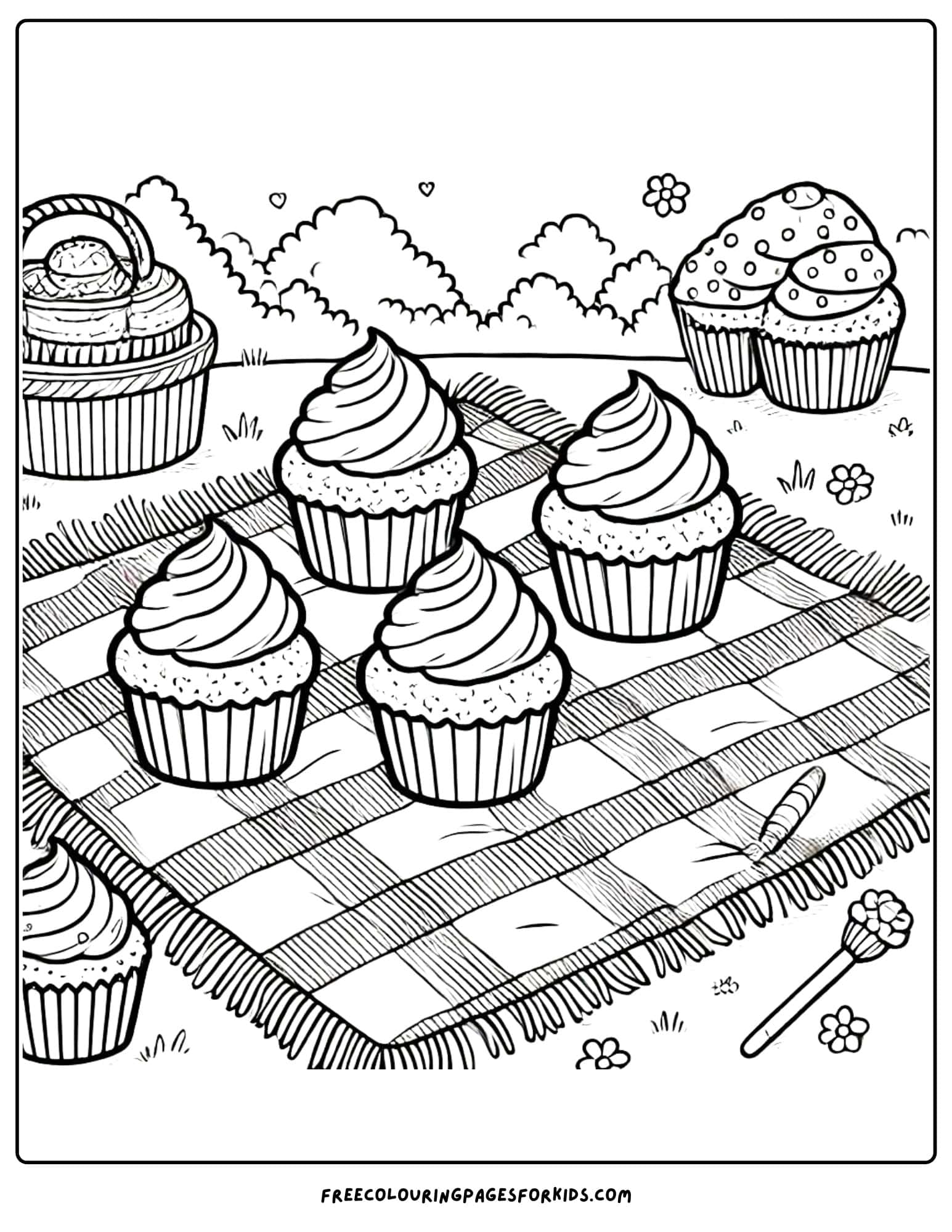 cupcakes on a picnic blanket scene coloring paga