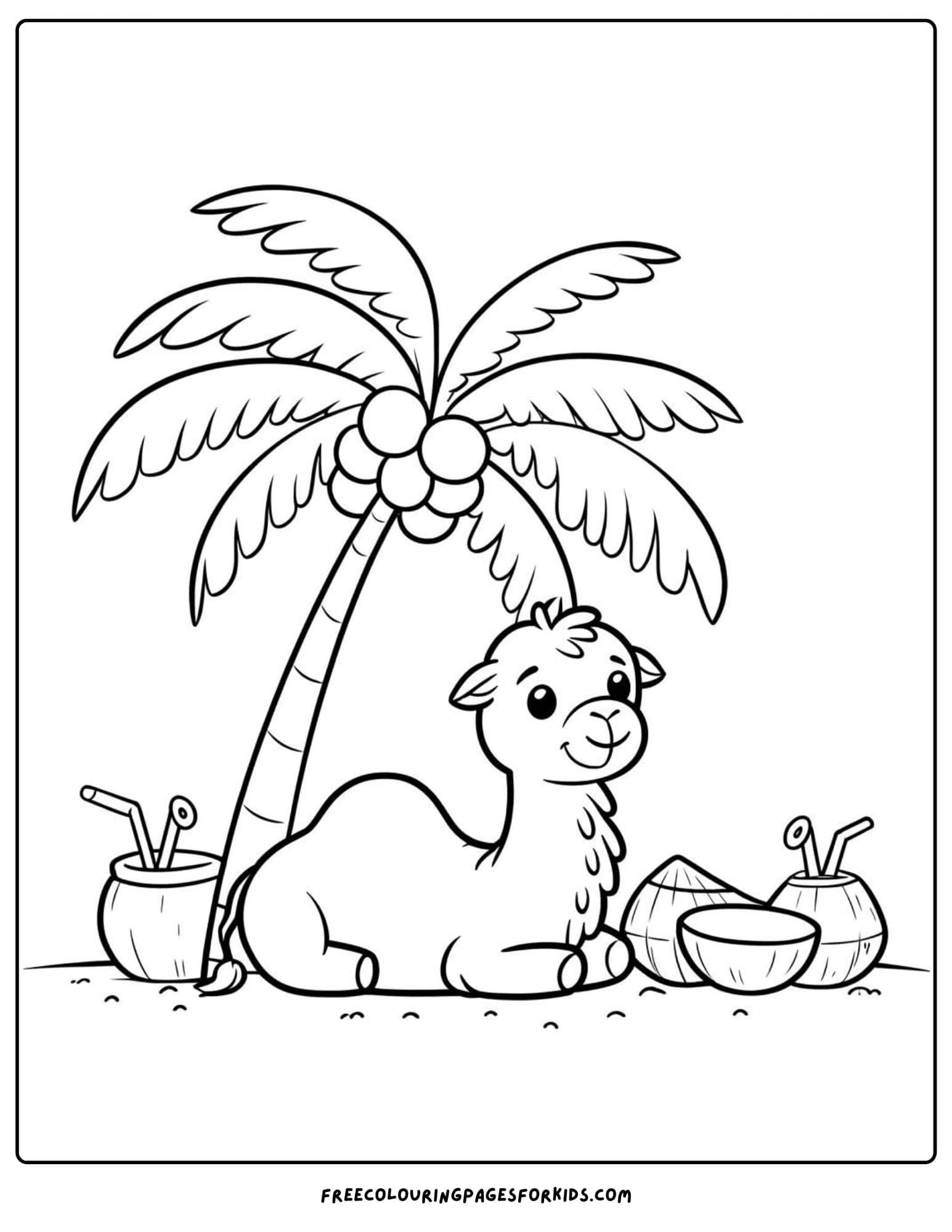 camel sitting under a palm tree coloring page