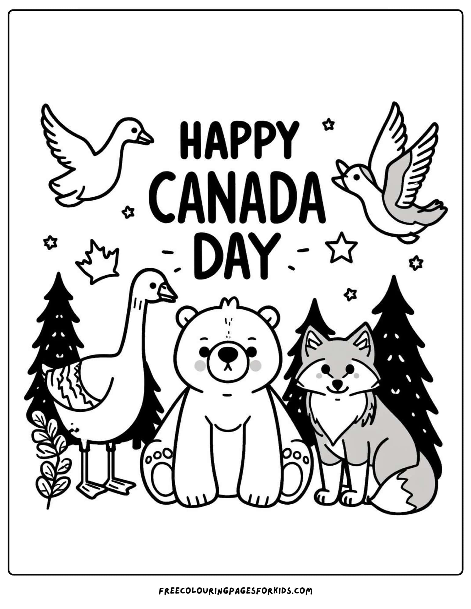 happy canada day animals colouring page