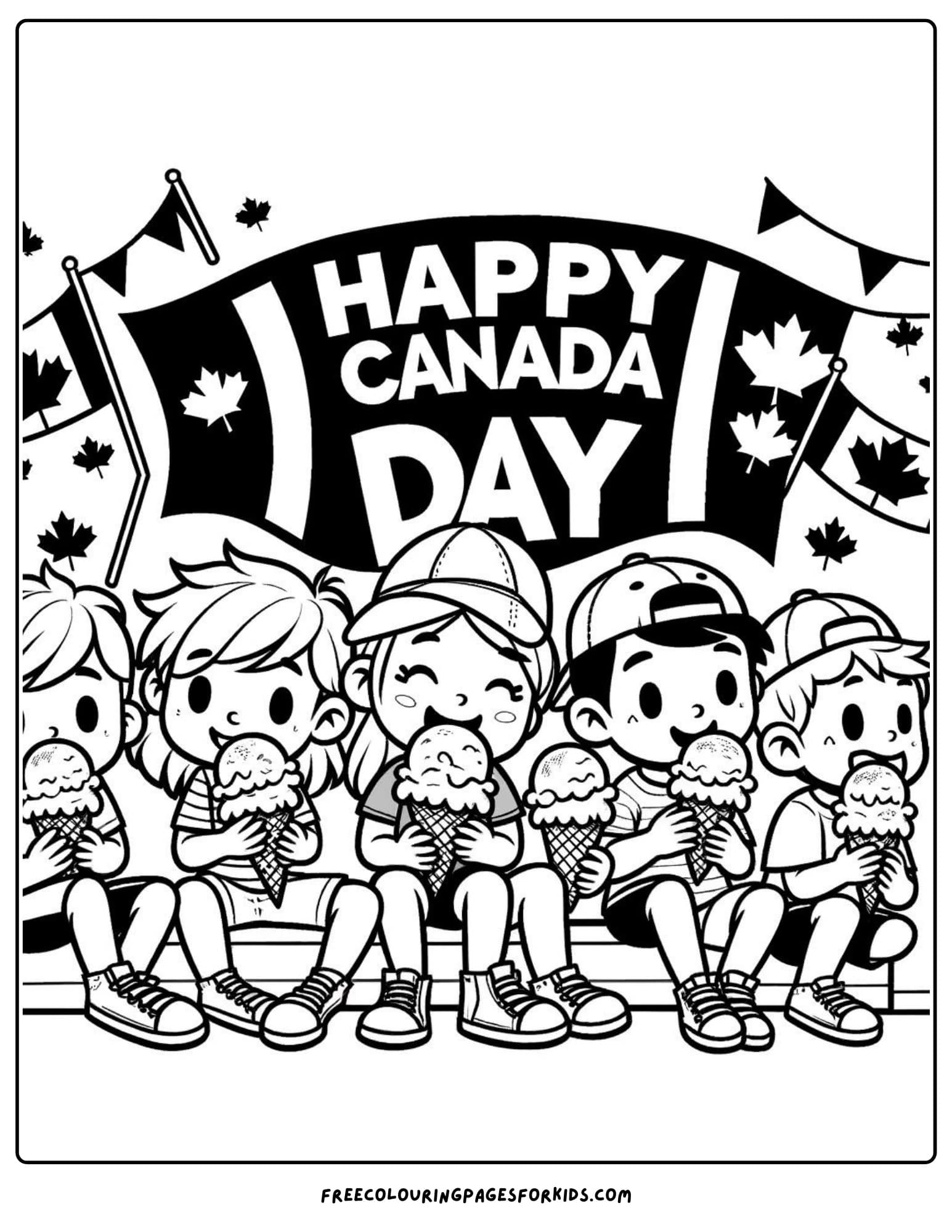 happy canada day kids and ice cream colouring page