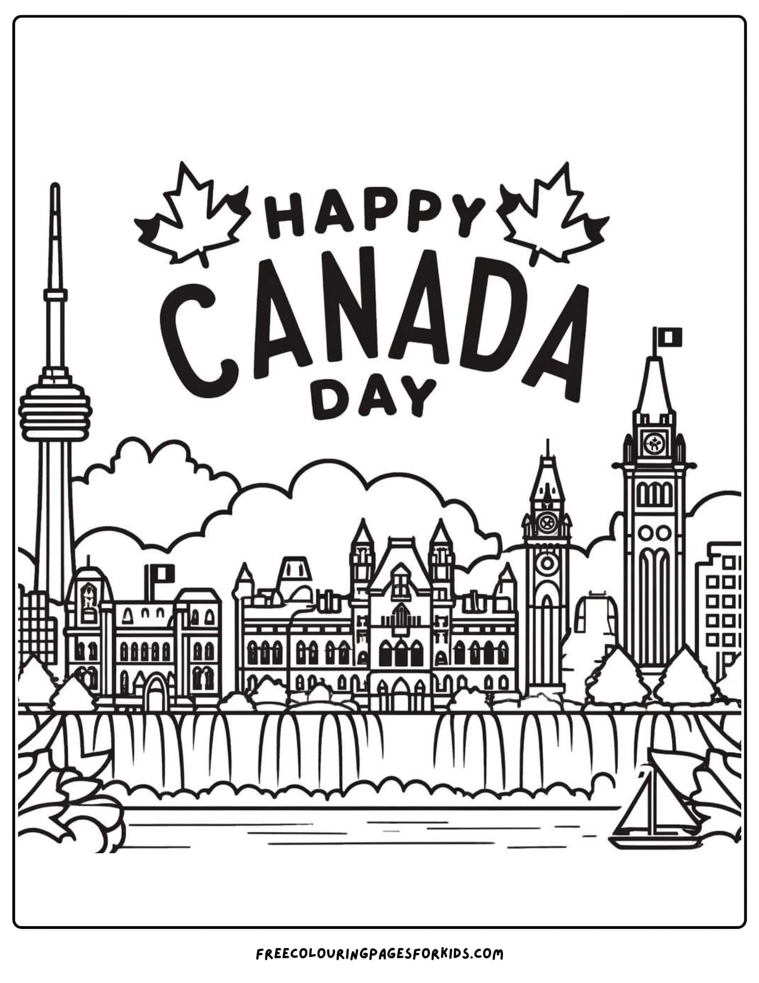 happy canada day landmarks colouring page