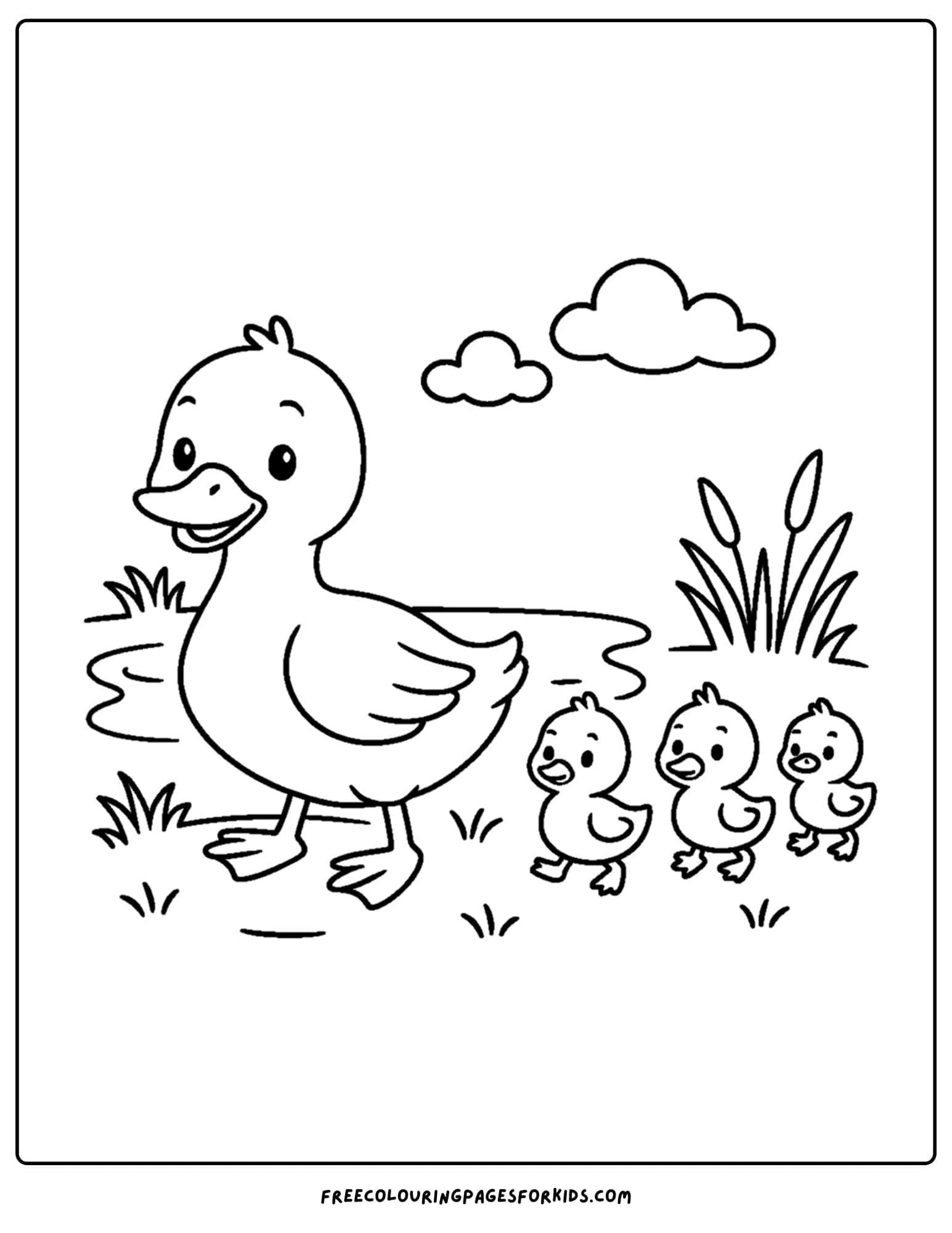 a farm coloring page featuring ducklings following their mother