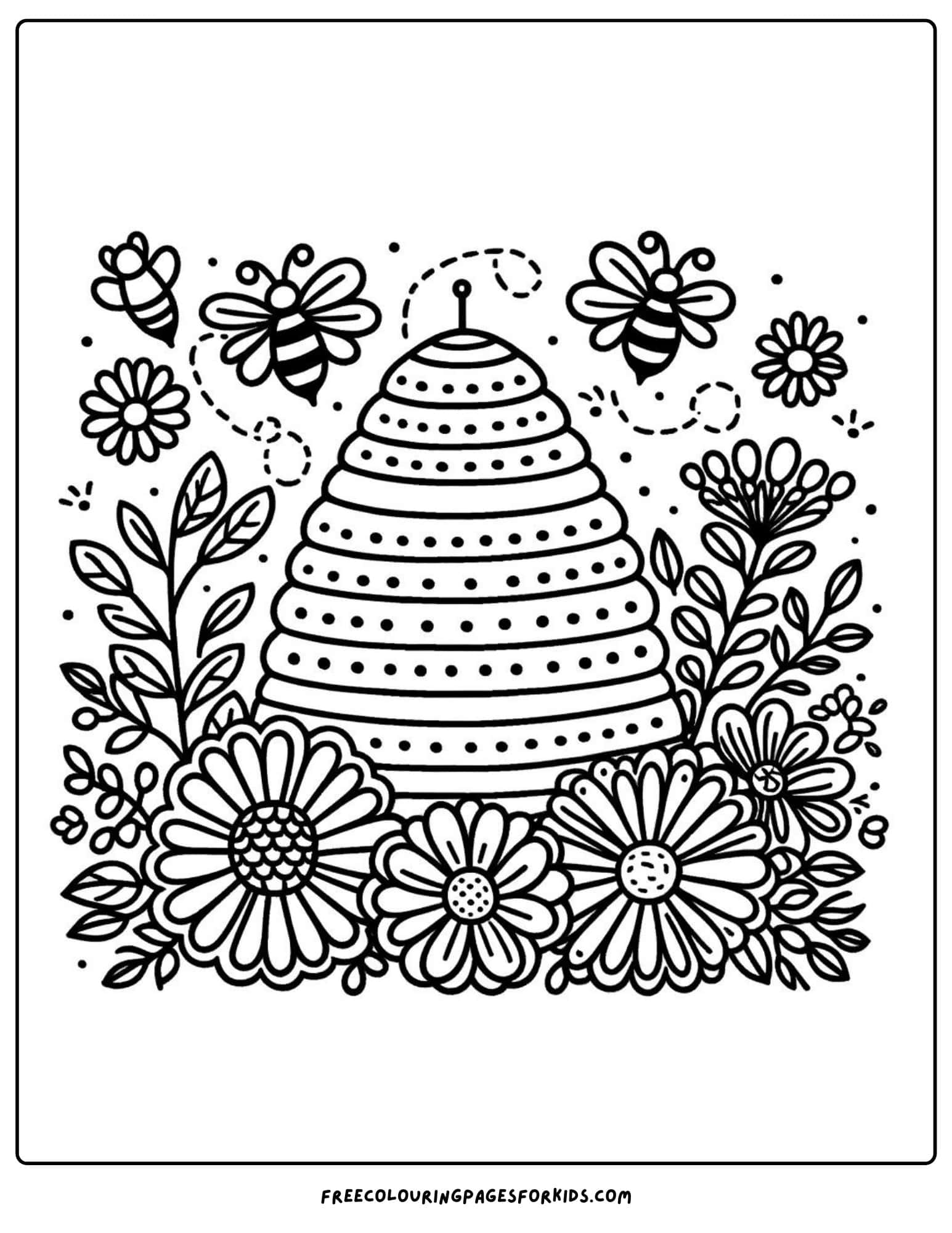 flower and bee hive coloring page