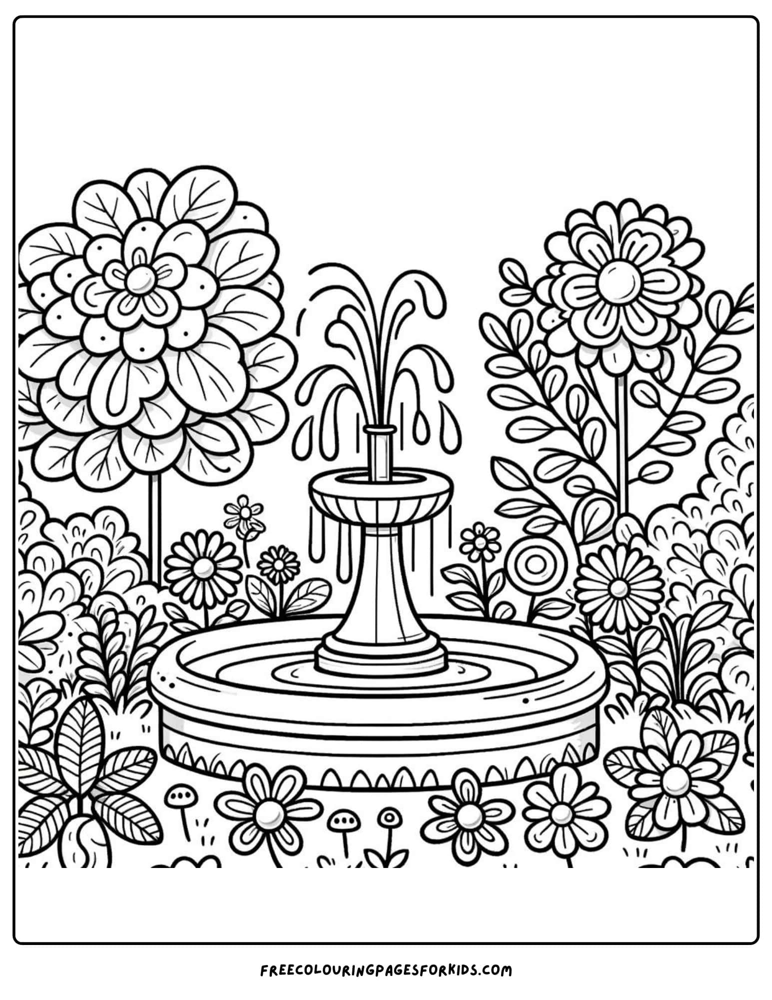 flower garden and fountain coloring page