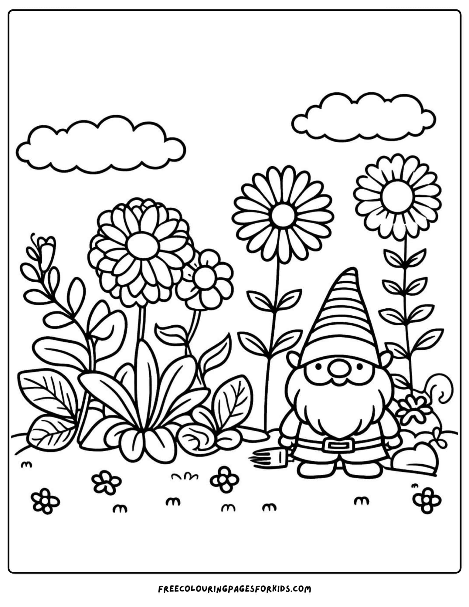 flower patch and gnome coloring page