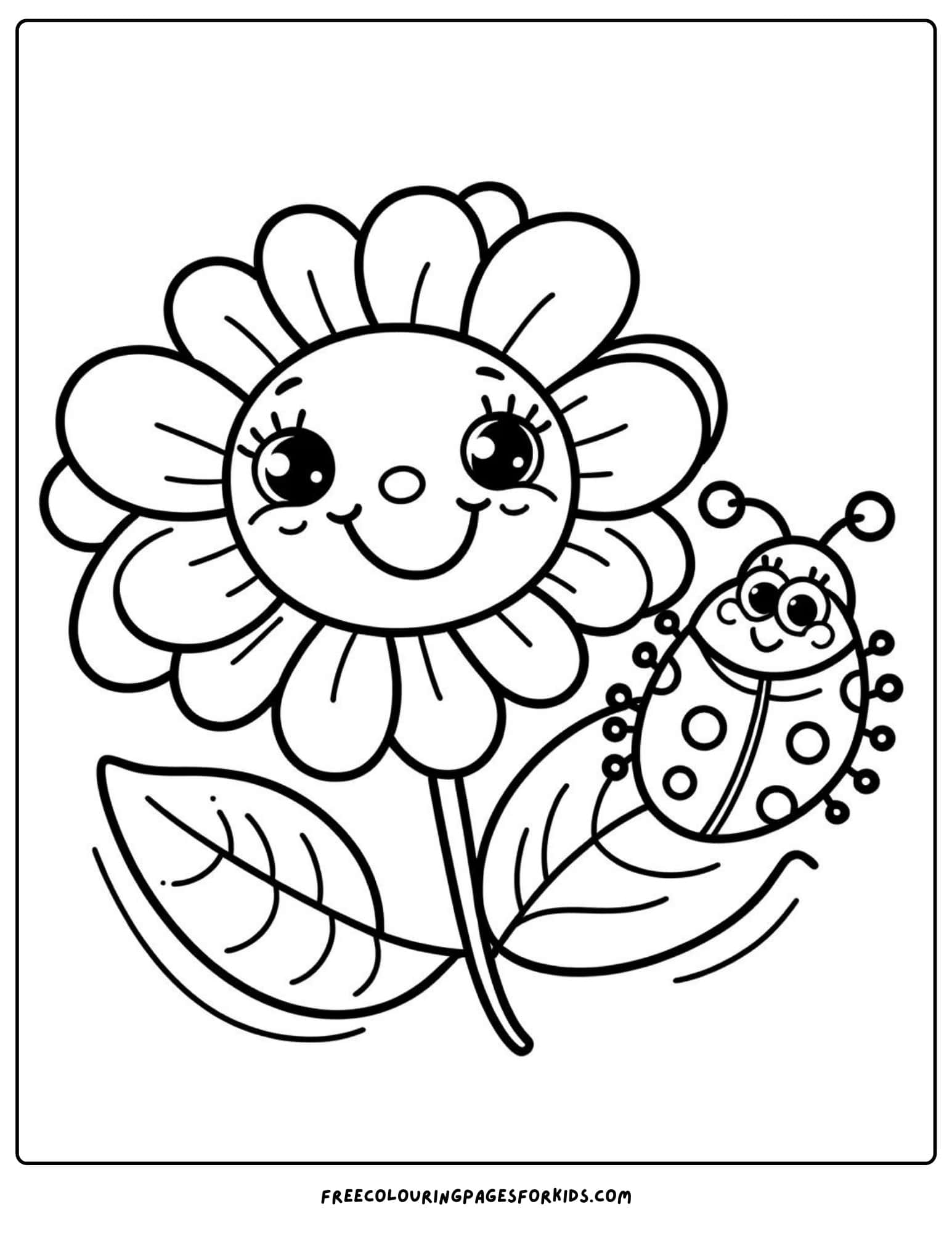 flower smiling and ladybug coloring page