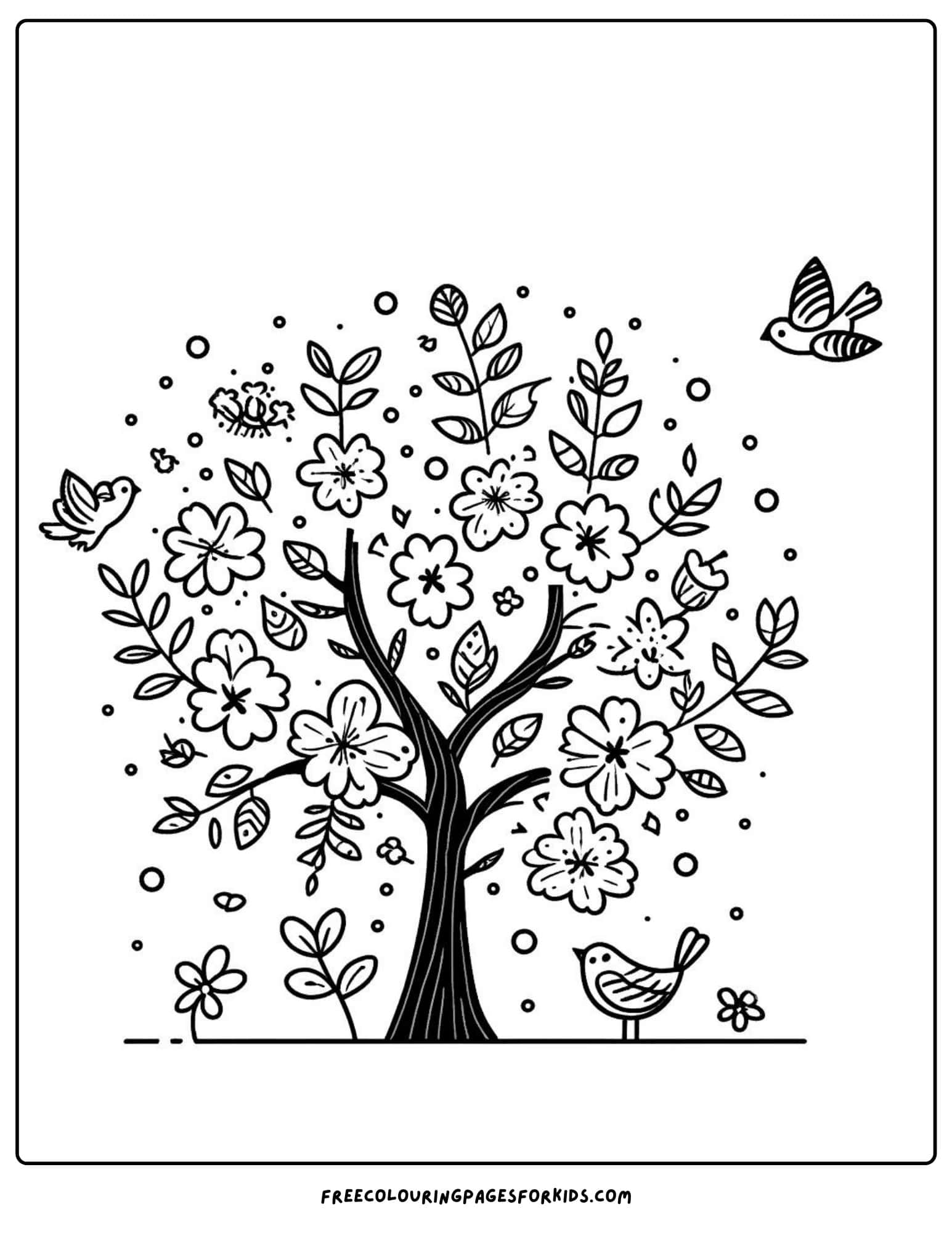 flower tree with birds coloring page