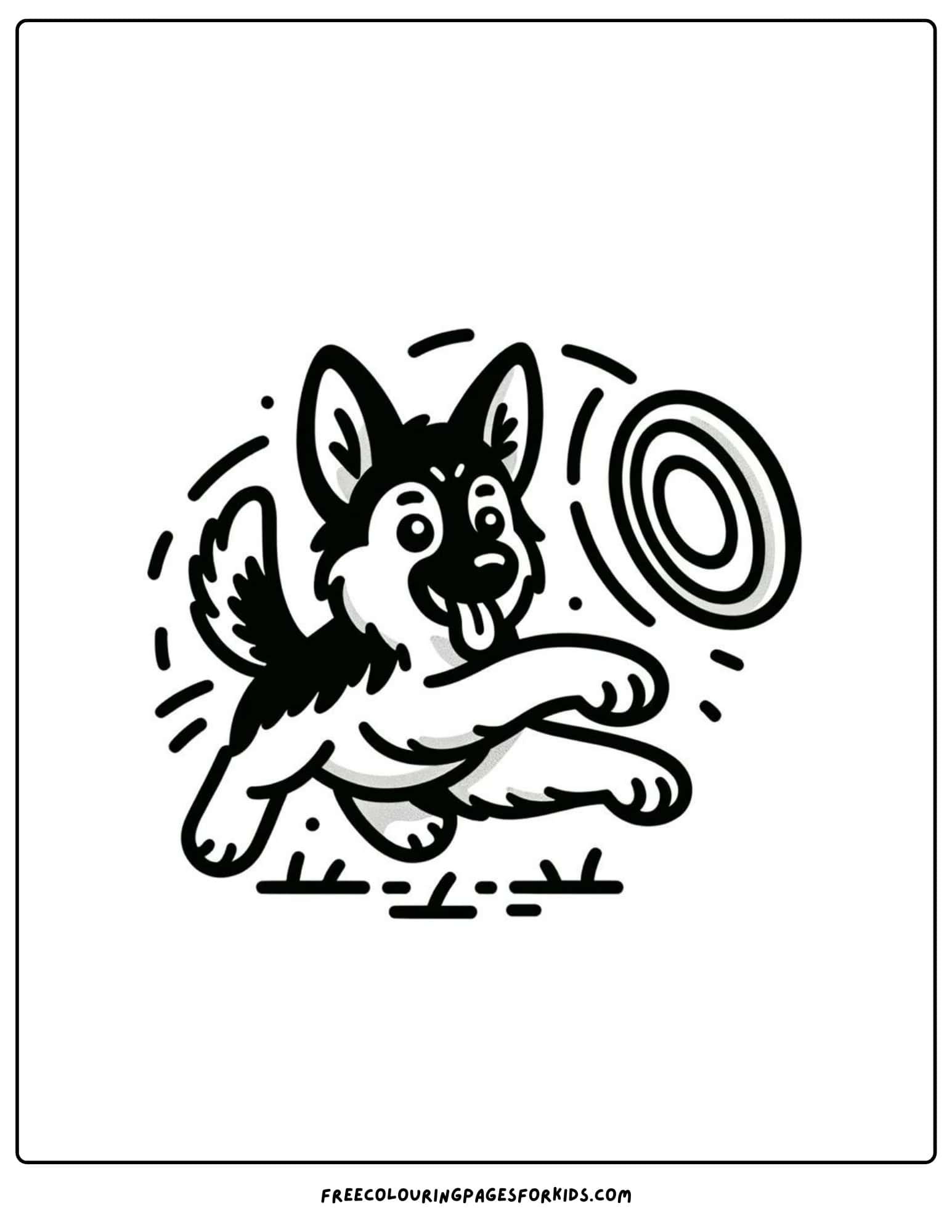 german  shepherd chasing a frisbee coloring page