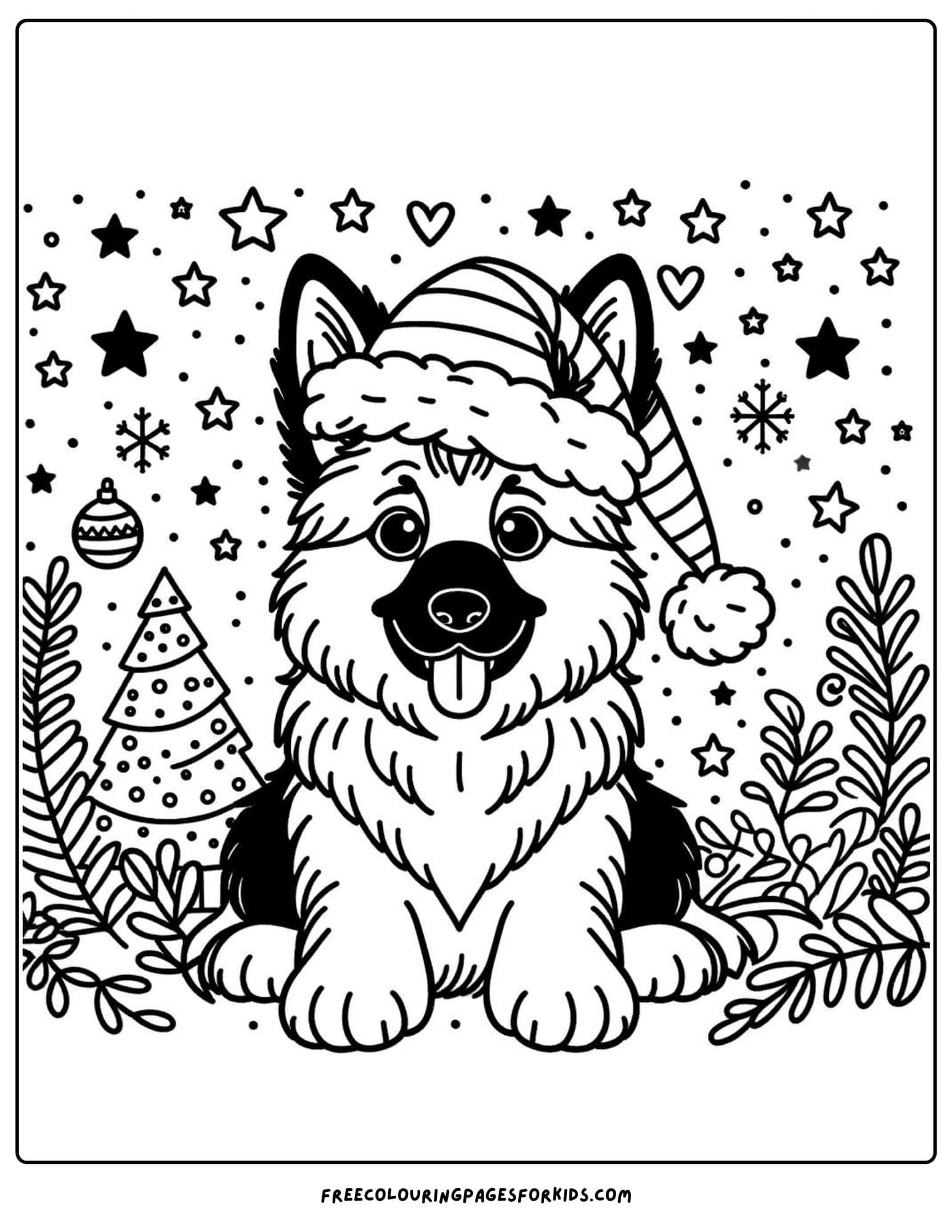 german  shepherd dressed for christmas coloring page