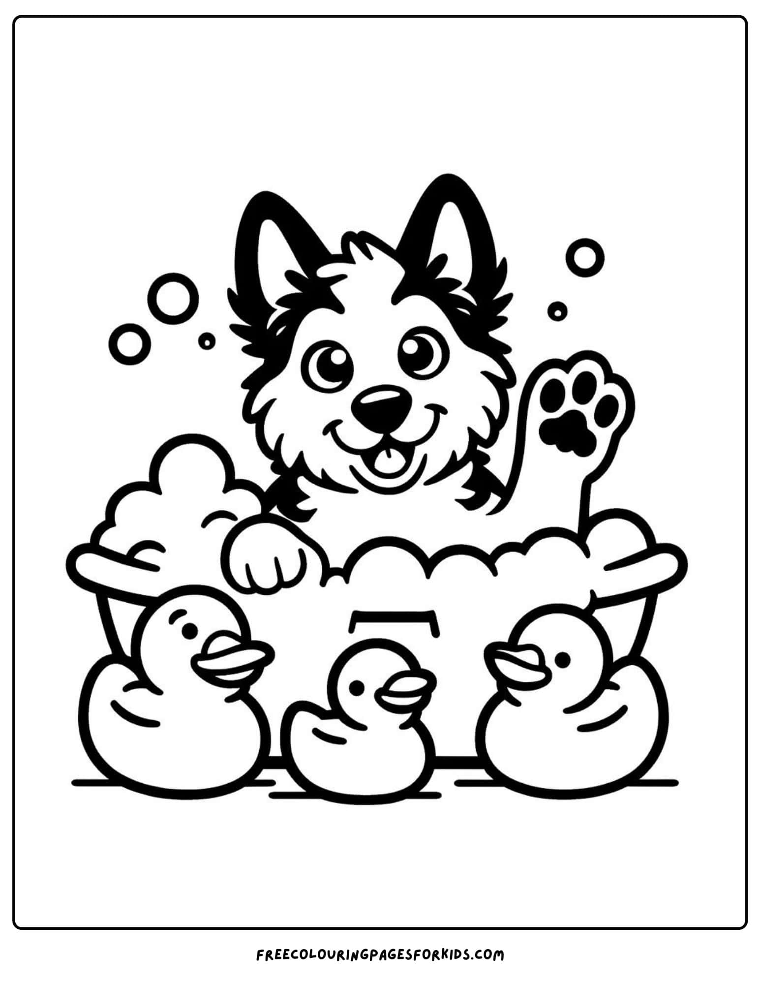 german  shepherd in a bath coloring page