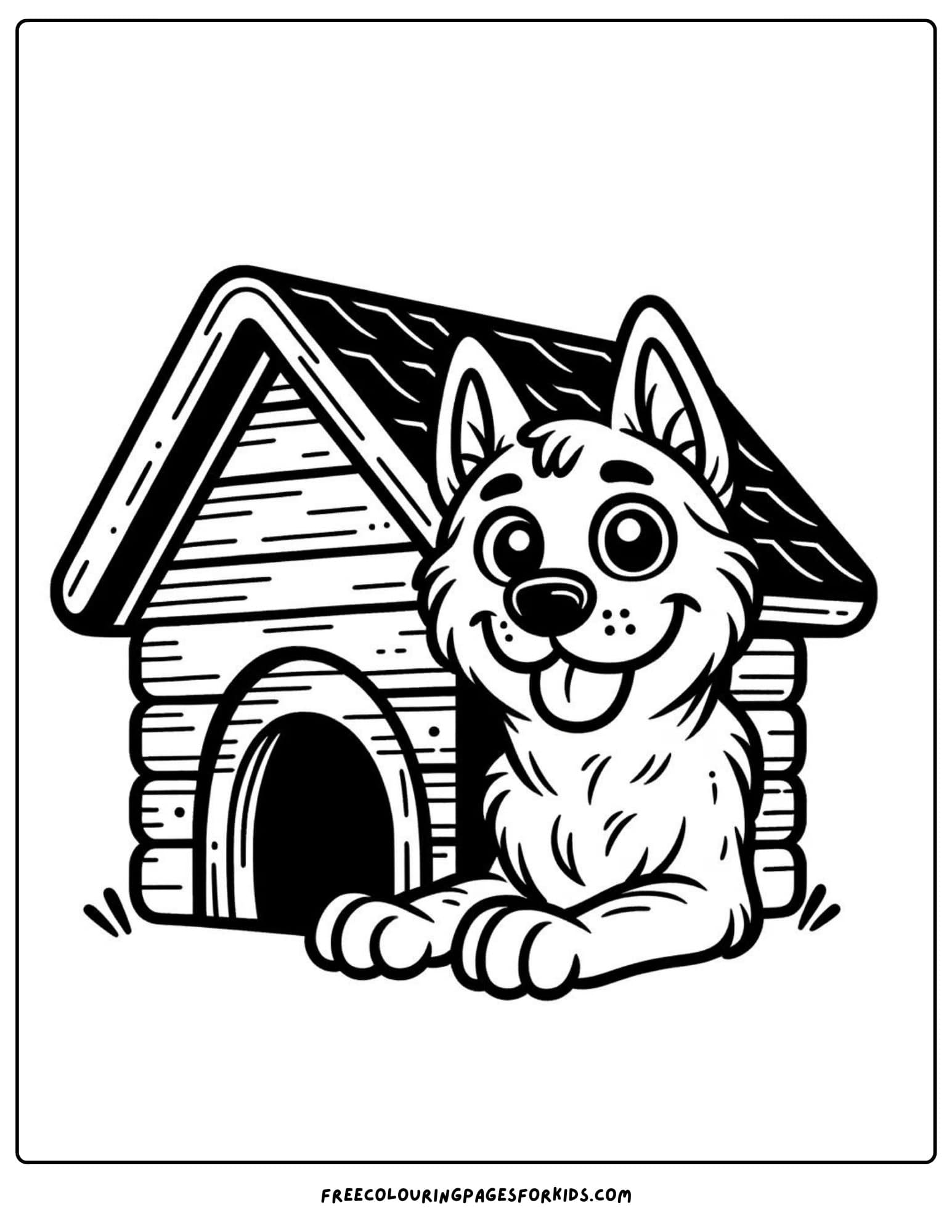 german  shepherd in a doghouse or kennel coloring page