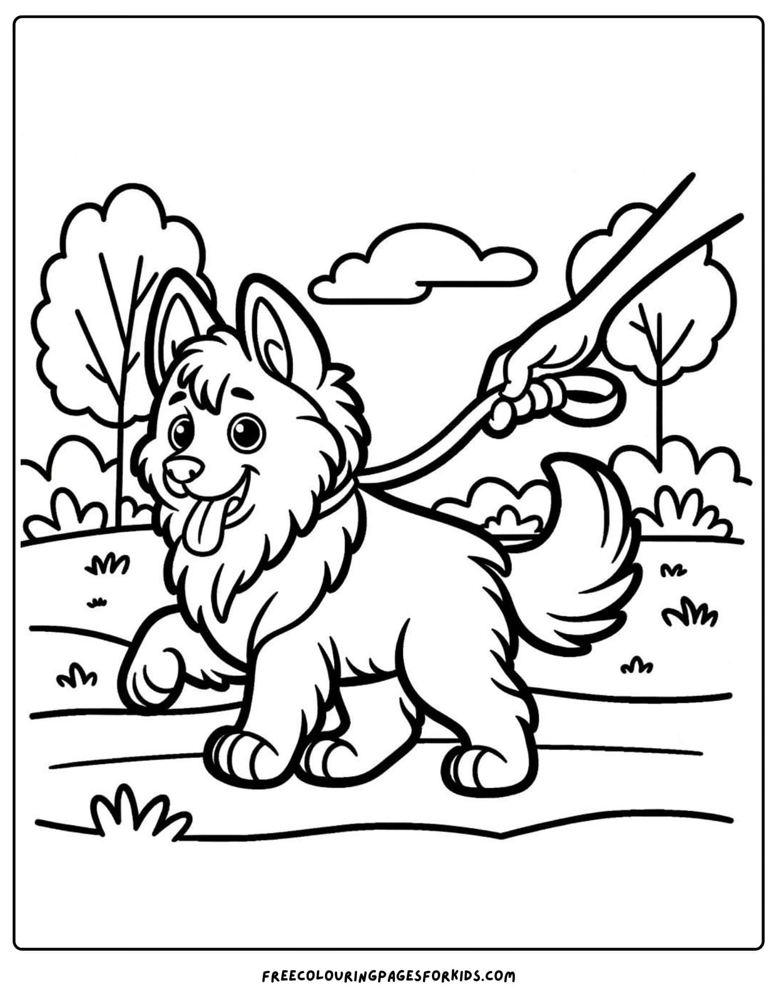 german sheppard on a walk coloring page