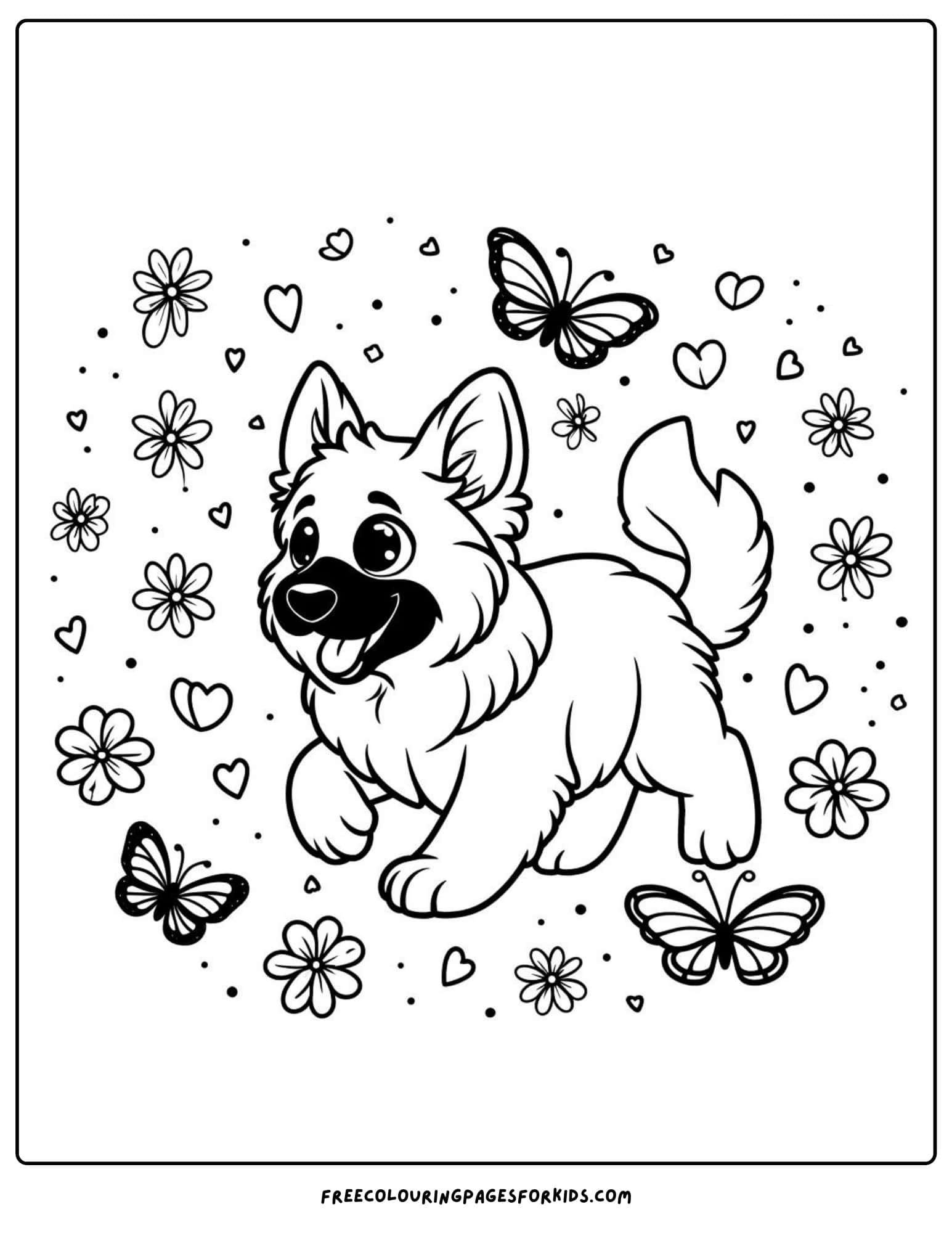 german  shepherd with butterflies coloring page