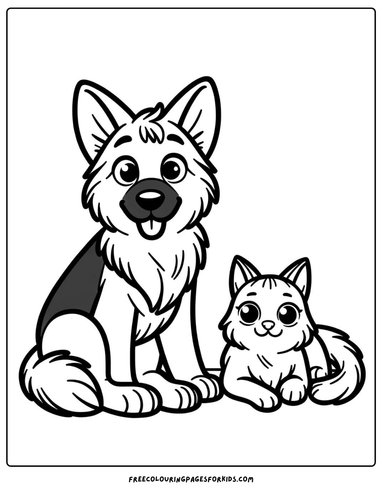 german  shepherd with a cat coloring page