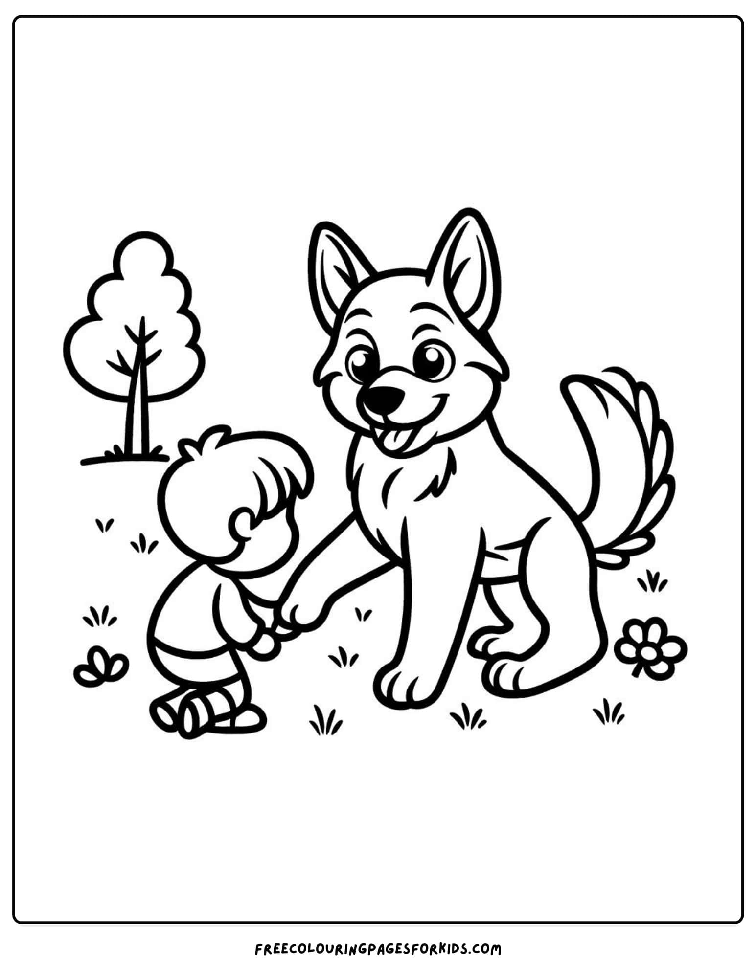 german  shepherd witha child coloring page