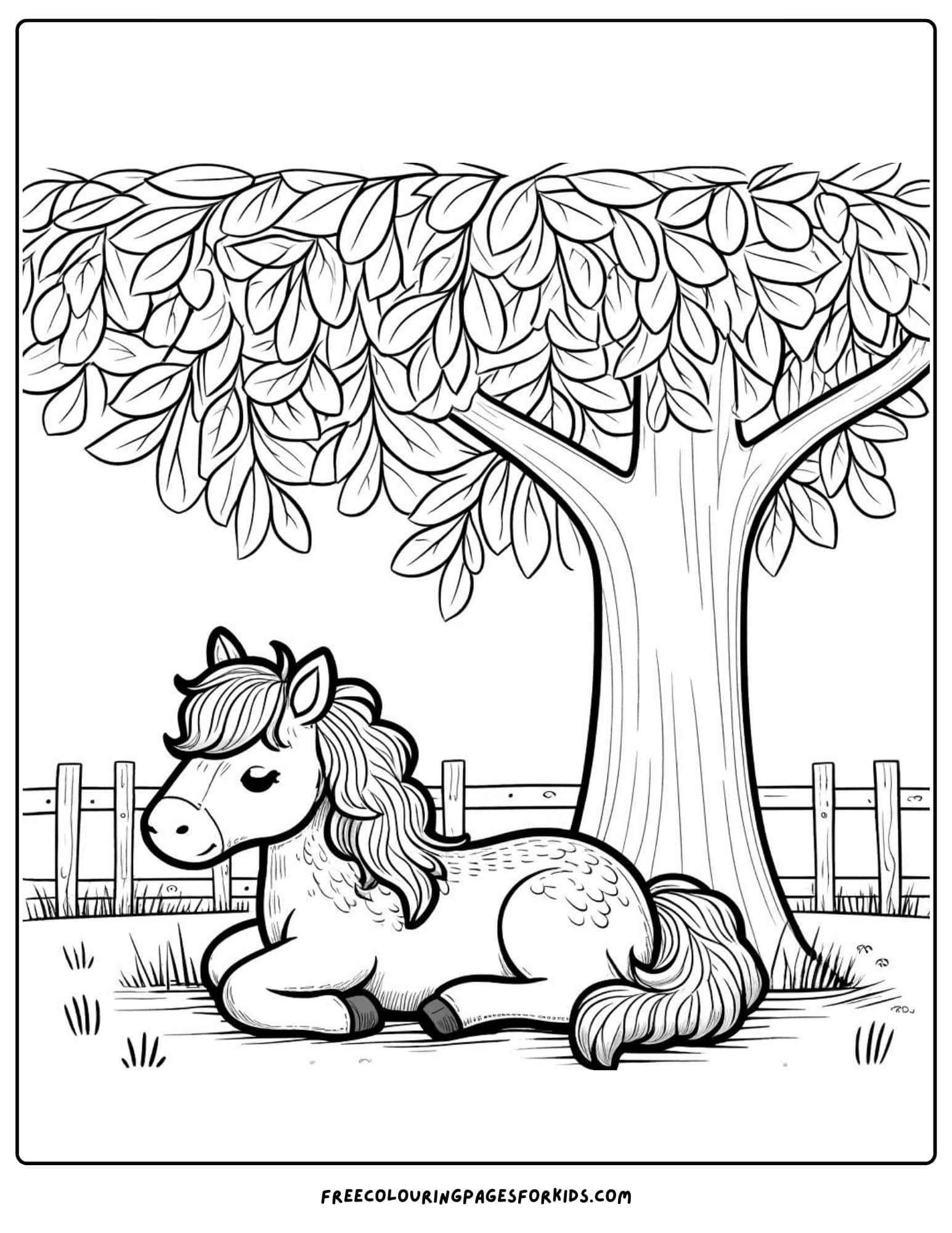 horse under a tree coloring page